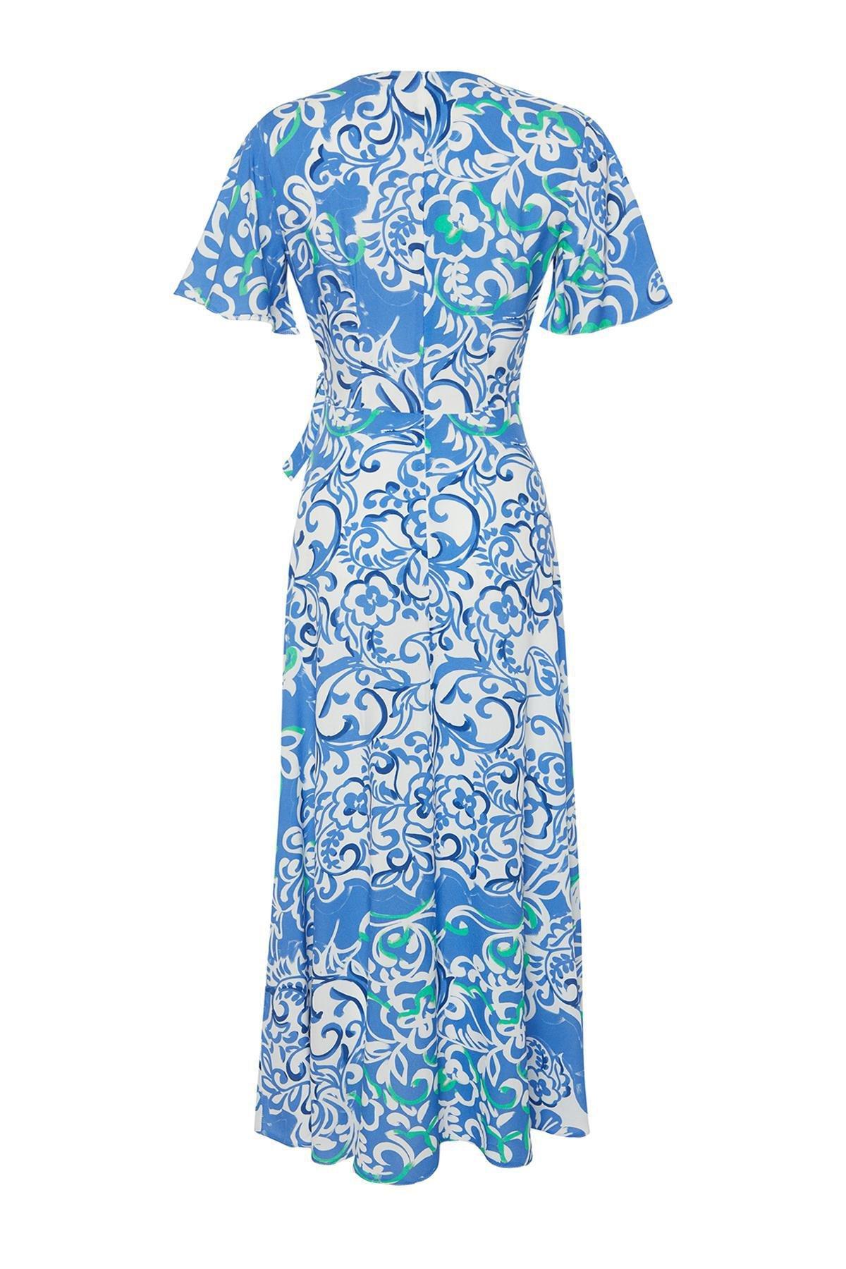 Blue Floral Double-Breasted Viscose Midi Dress, Blue, large image number 6