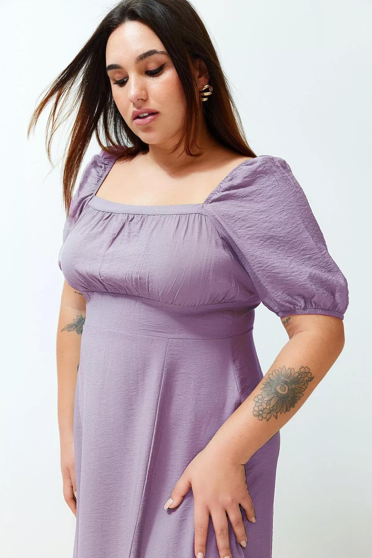 Purple Square Neck Frill Dress, Lilac, large image number 0