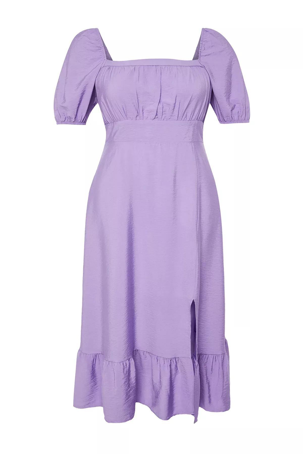 Purple Square Neck Frill Dress, Lilac, large image number 3
