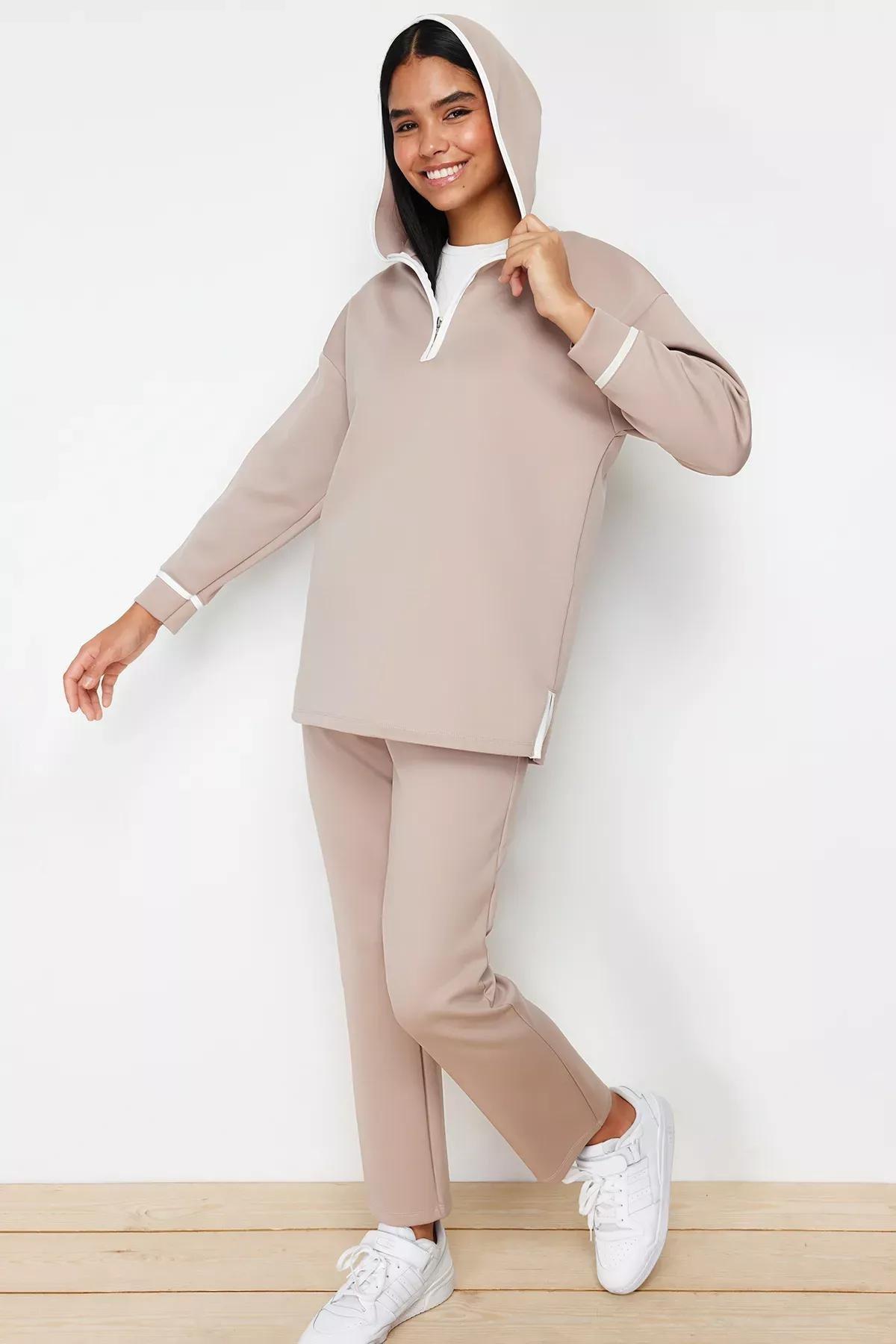 Beige Hooded Stripe Detailed Tracksuit Set, , medium