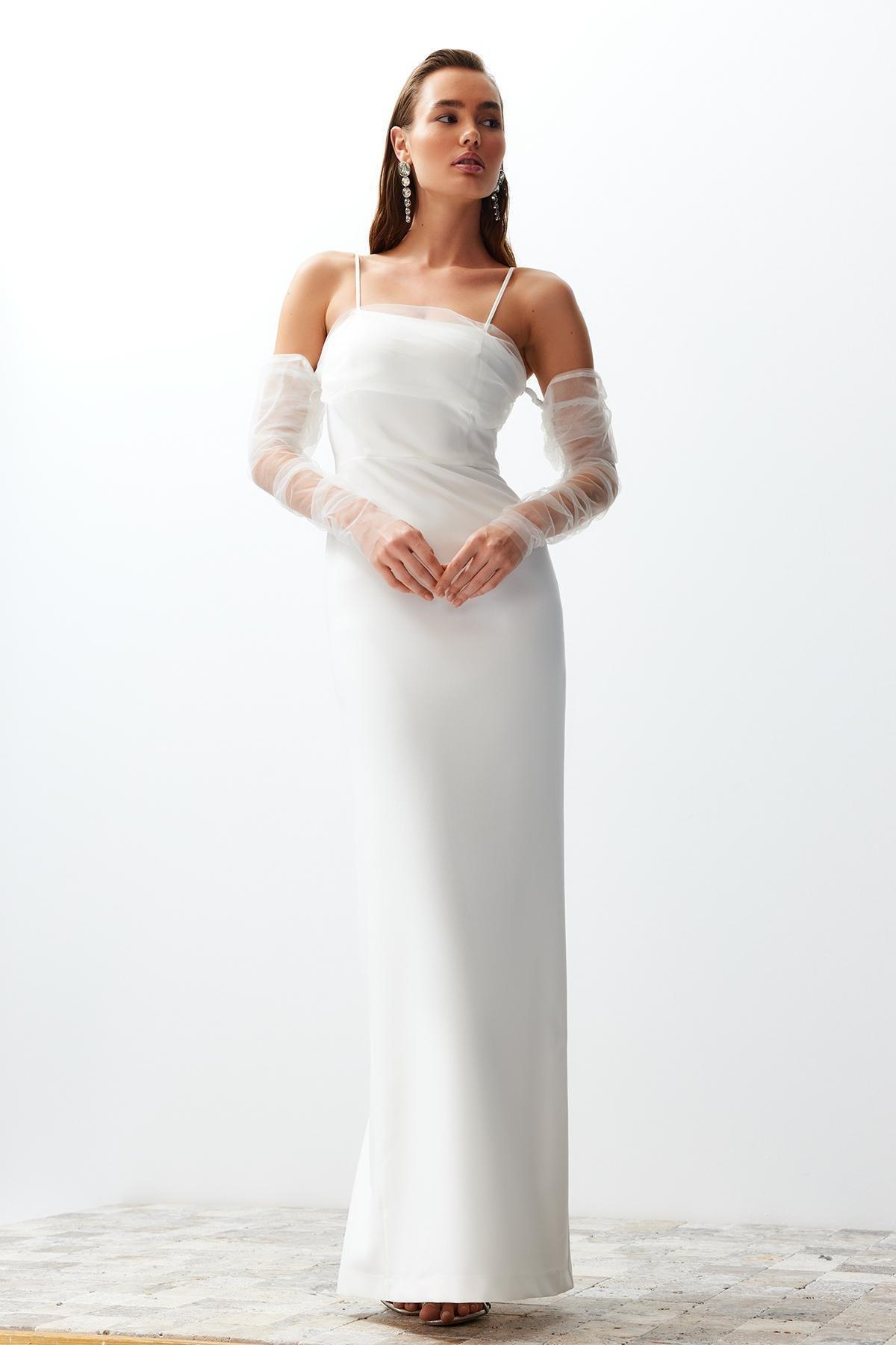 White Woven Lined Long Occasionwear Dress, C101_5696, large image number 0
