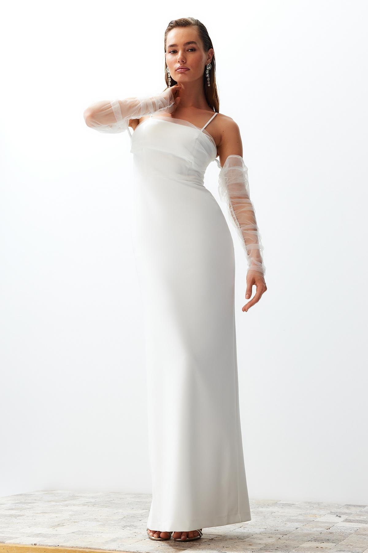 White Woven Lined Long Occasionwear Dress, C101_5696, large image number 1