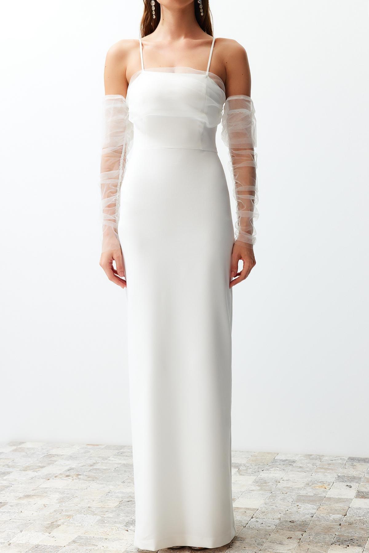 White Woven Lined Long Occasionwear Dress, C101_5696, large image number 3