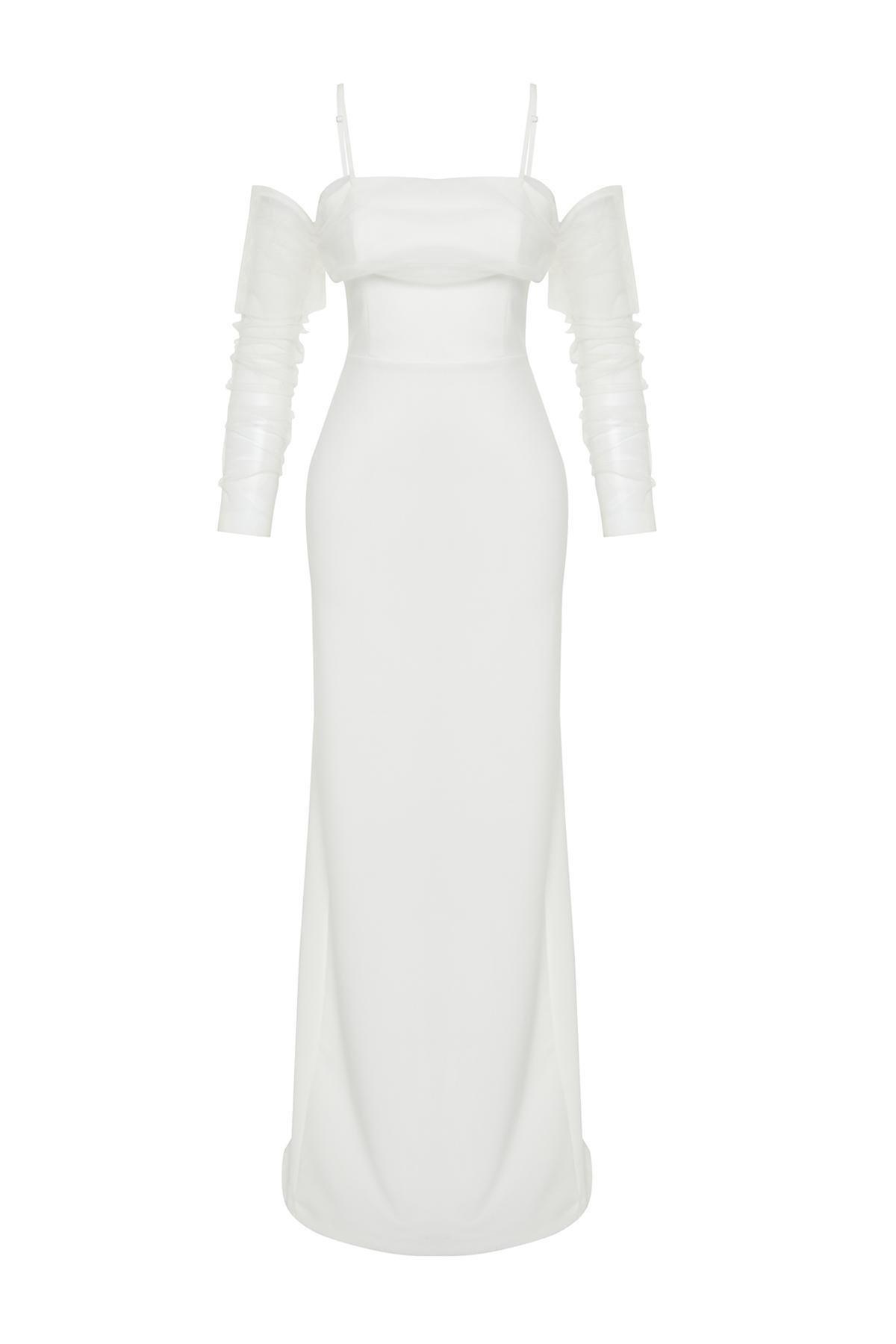 White Woven Lined Long Occasionwear Dress, C101_5696, large image number 5