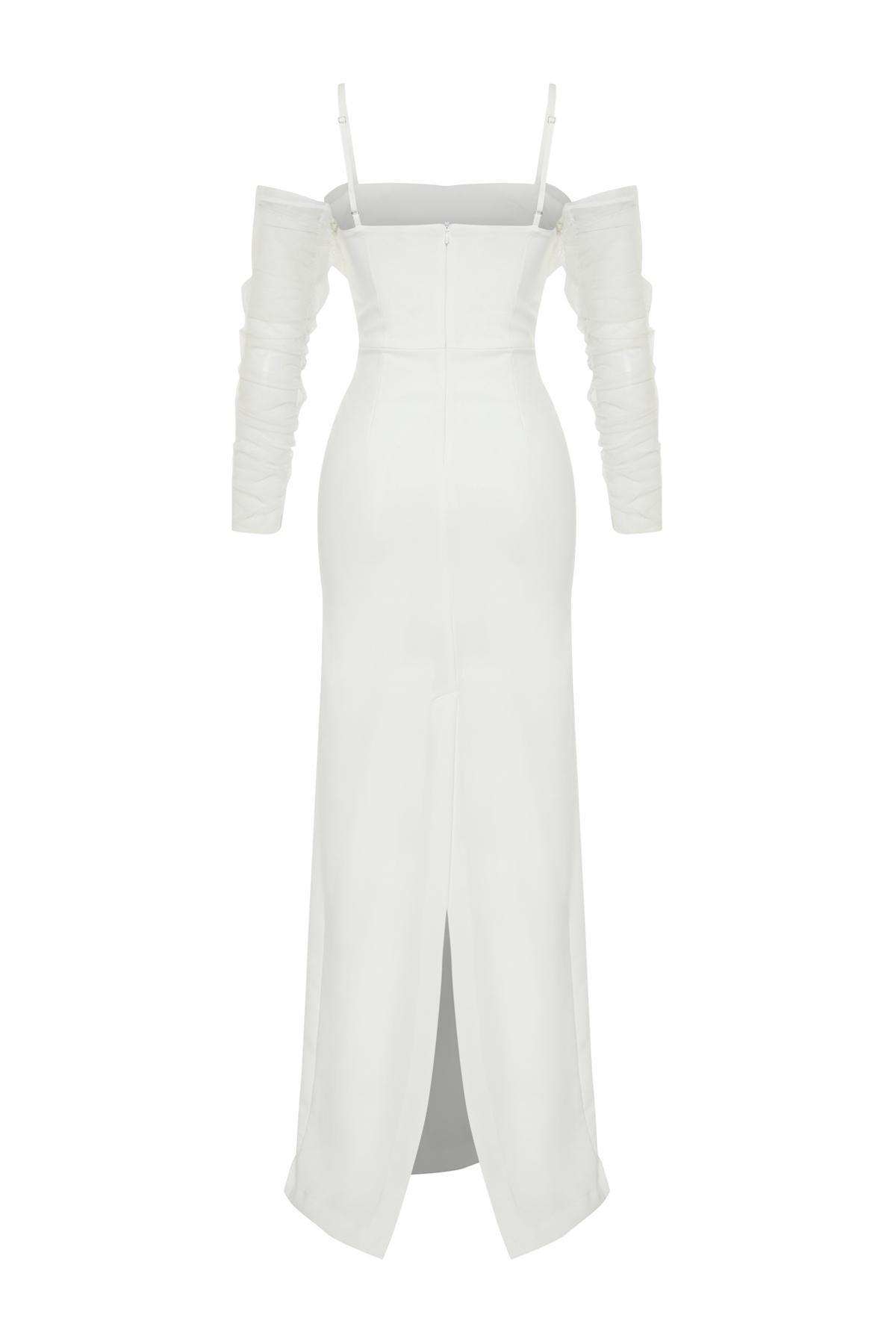 White Woven Lined Long Occasionwear Dress, C101_5696, large image number 6