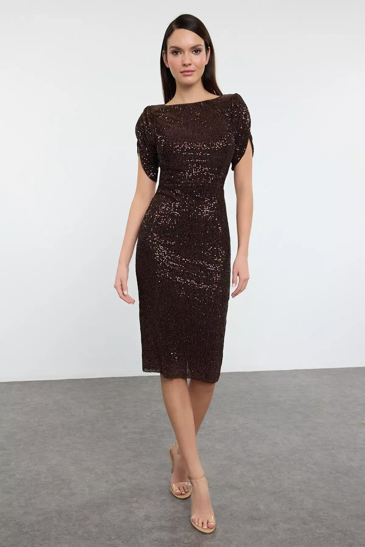 Brown Knitted Sequined Occasionwear Dress, Brown, large image number 2