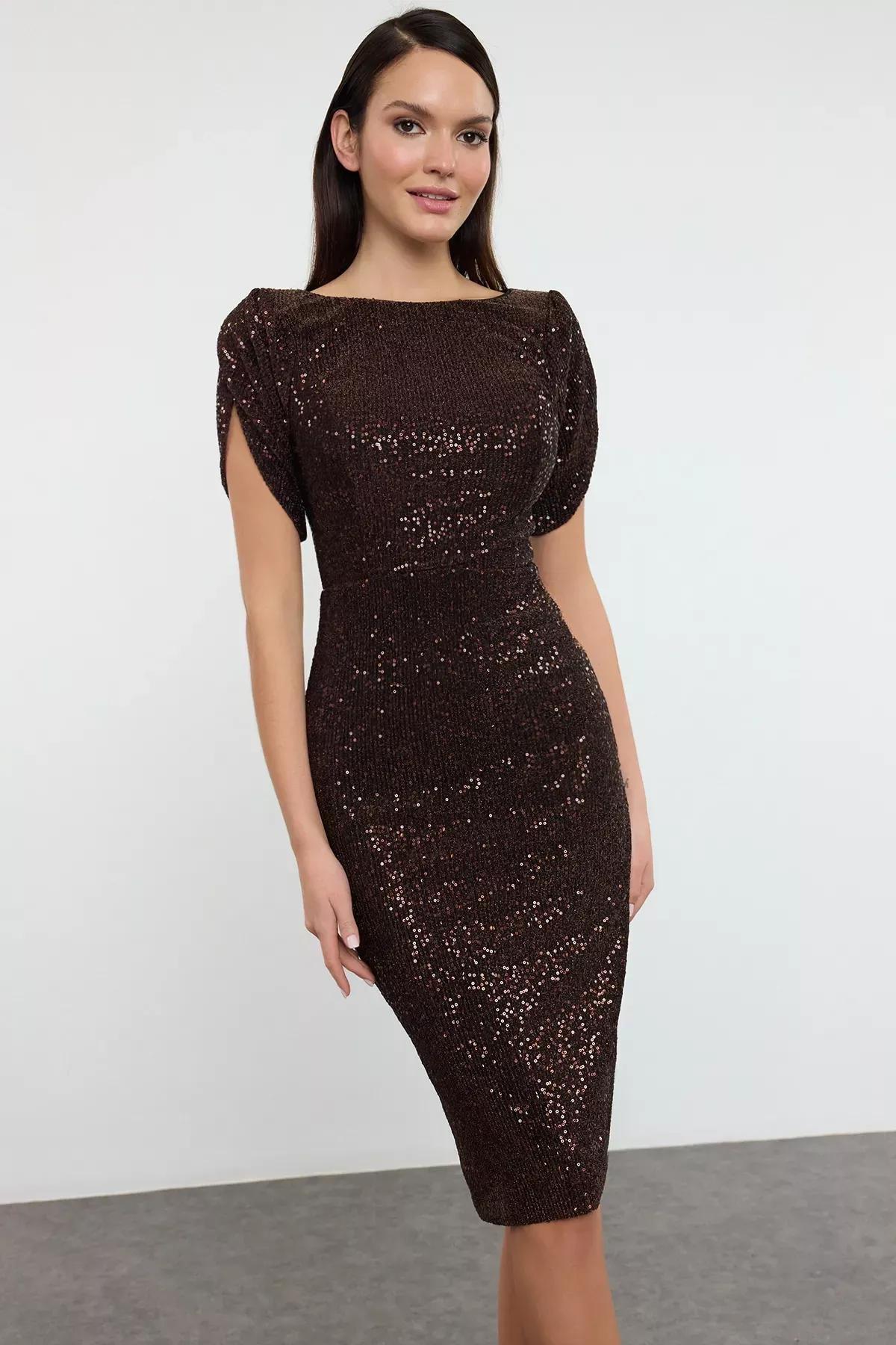 Brown Knitted Sequined Occasionwear Dress, Brown, large image number 3