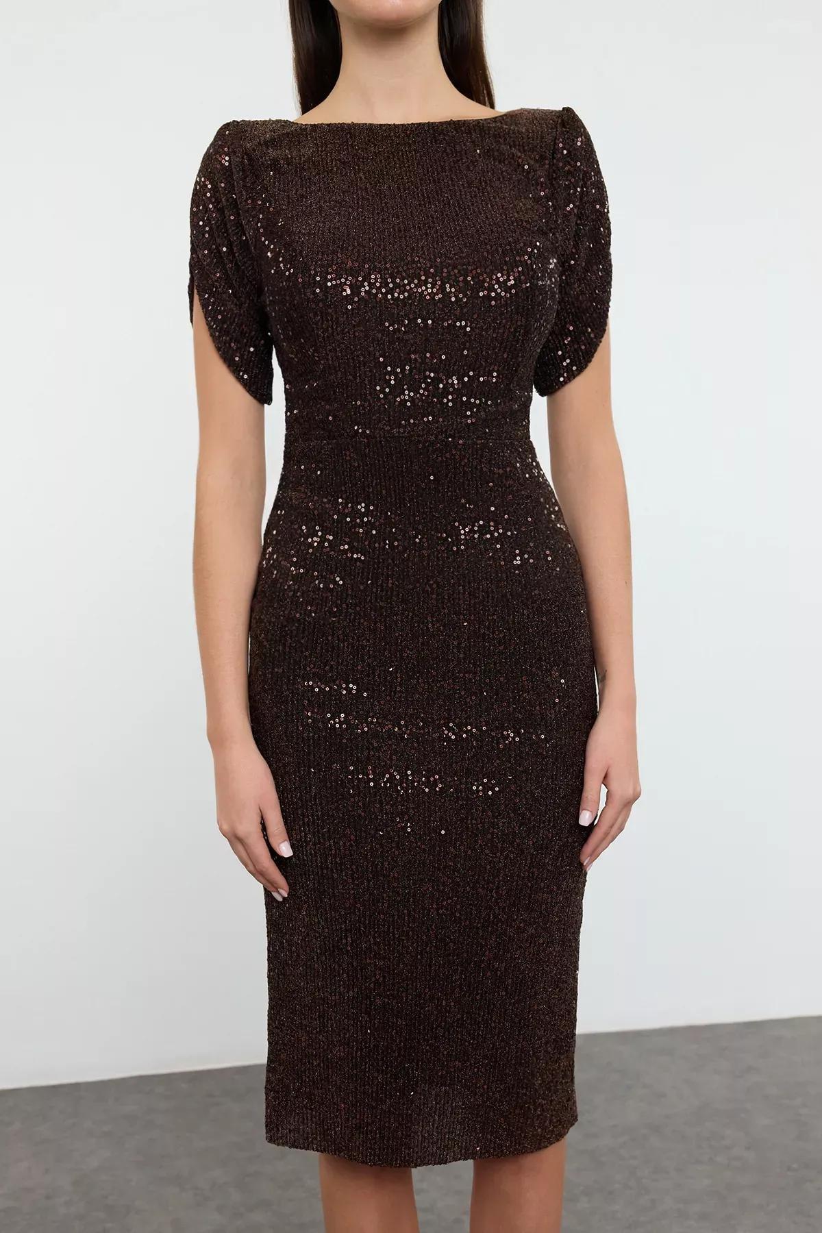 Brown Knitted Sequined Occasionwear Dress, Brown, large image number 4