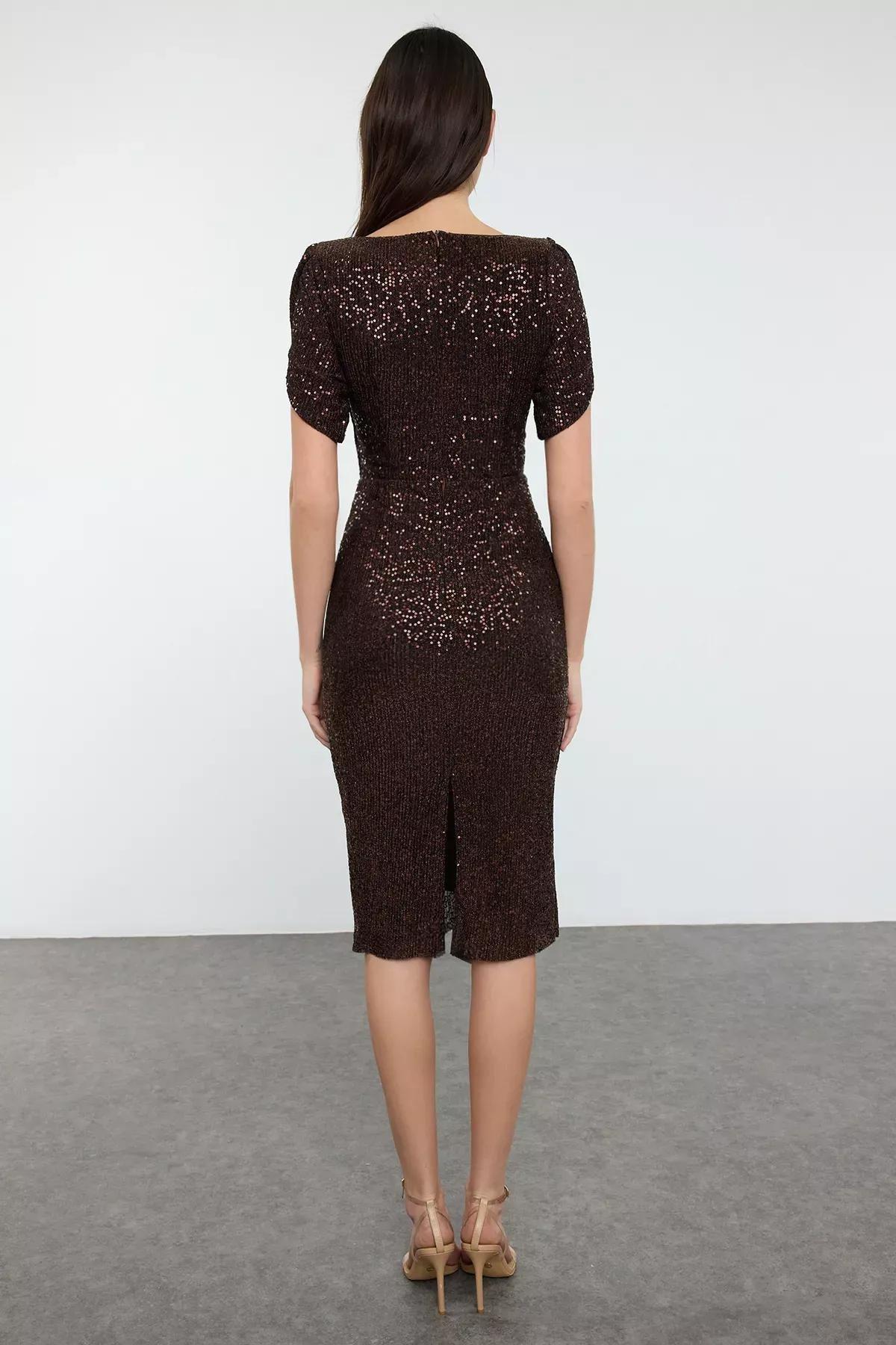 Brown Knitted Sequined Occasionwear Dress, Brown, large image number 5
