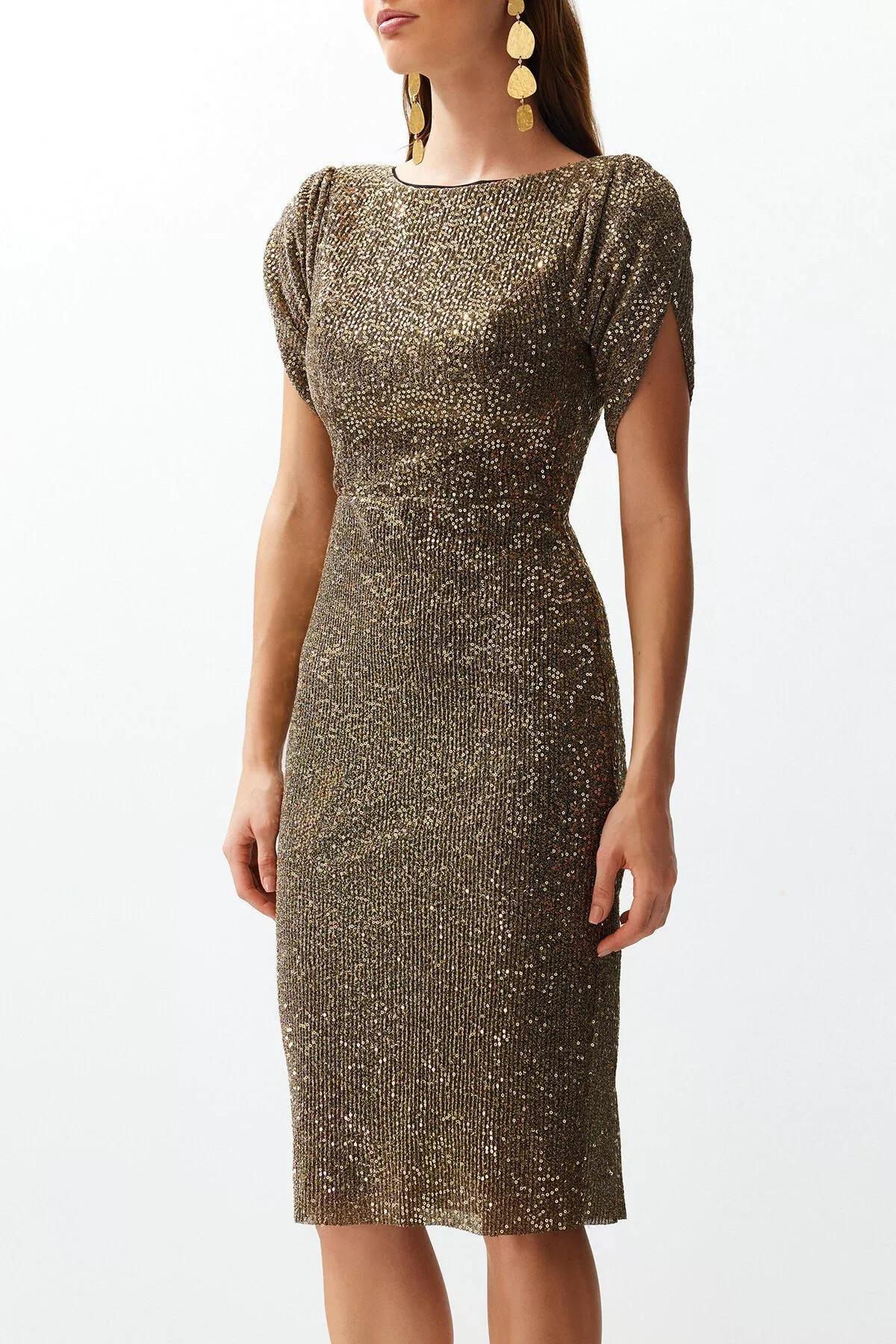 Yellow Glitter Sequined Occasionwear Dress, , large image number 3