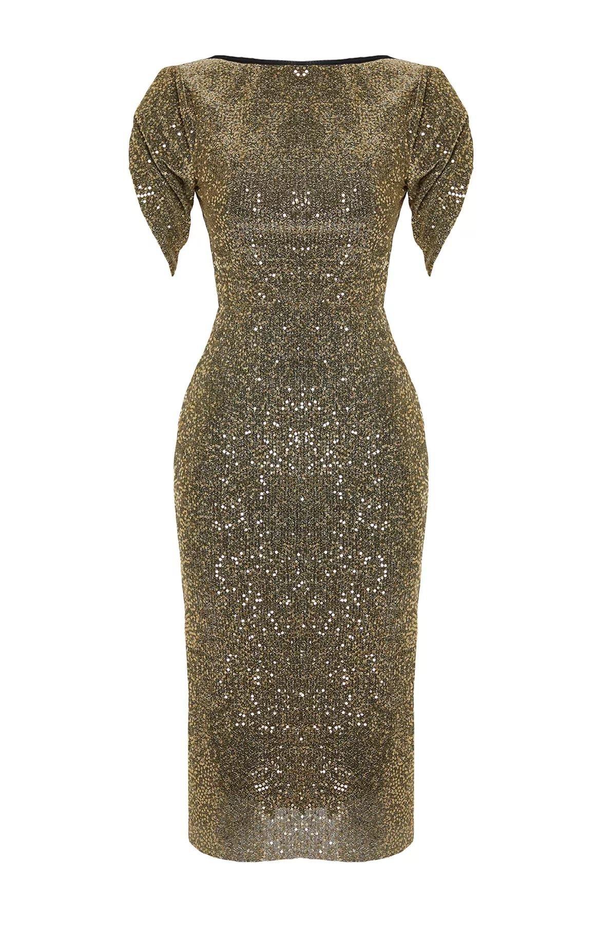 Yellow Glitter Sequined Occasionwear Dress, , large image number 5