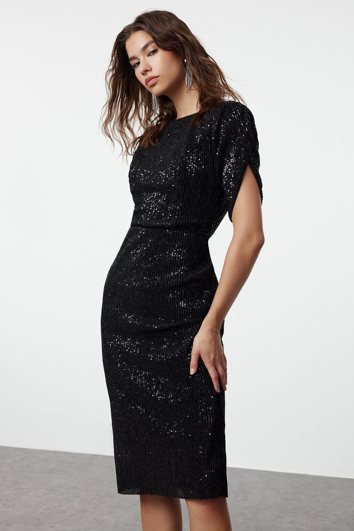 Black Sequined Sheath Midi, , large image number 1