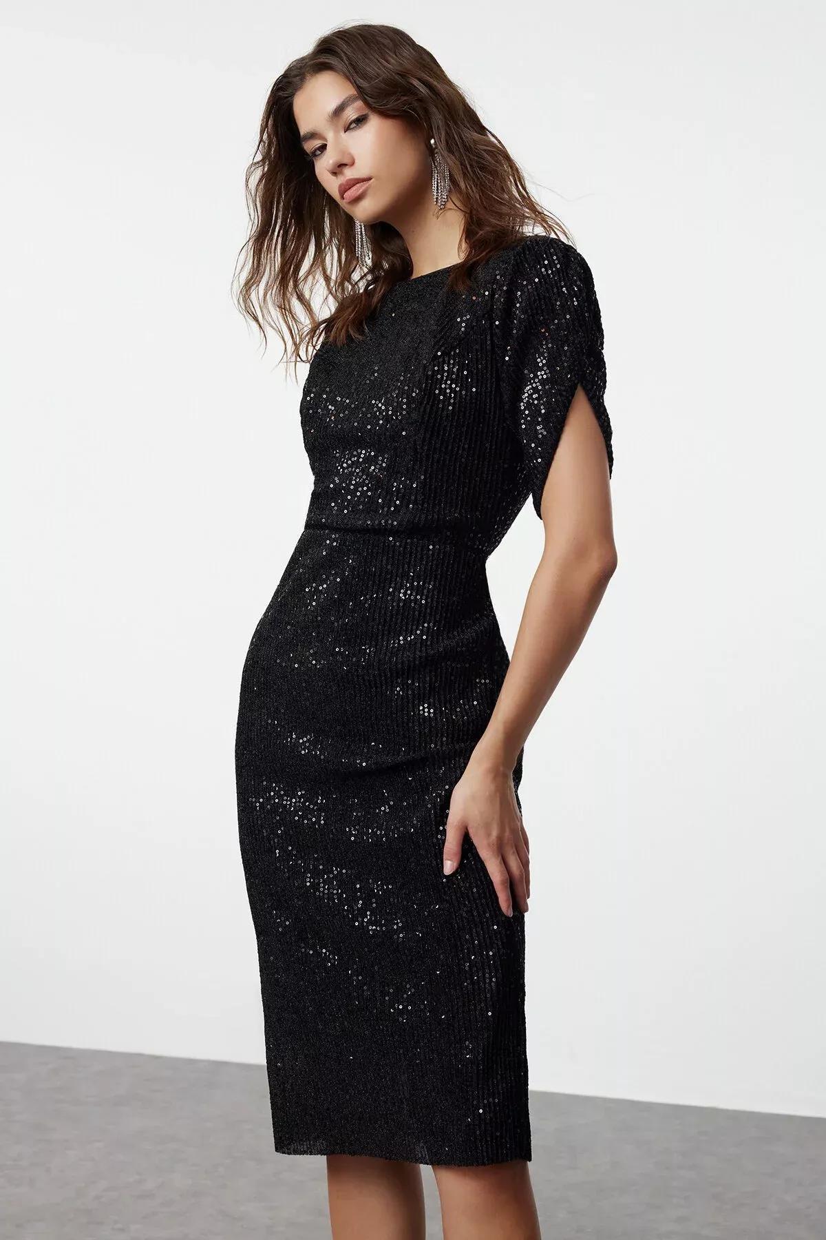 فستان مناسبات مُحاك بالترتر، أسود, BLACK, large image number 1