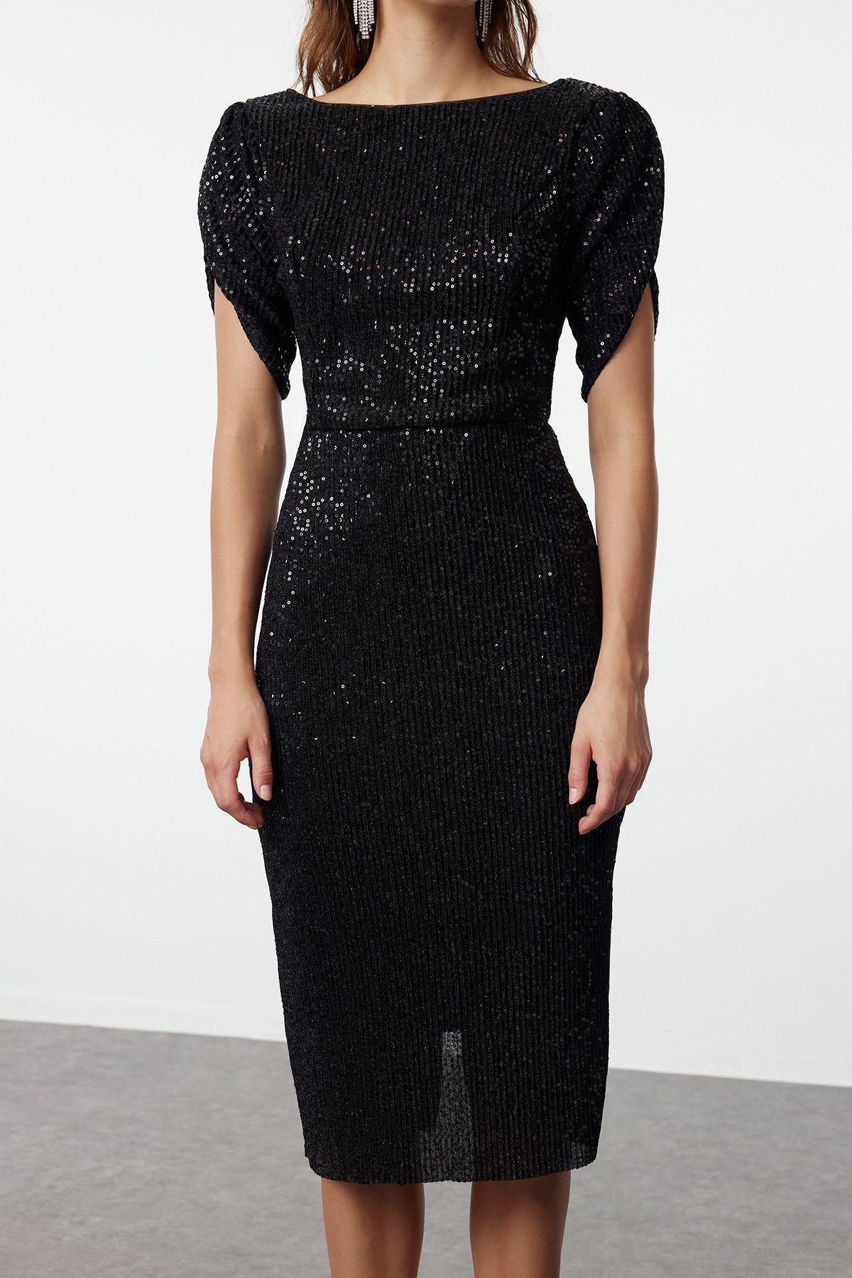 Black Sequined Sheath Midi, , large image number 3