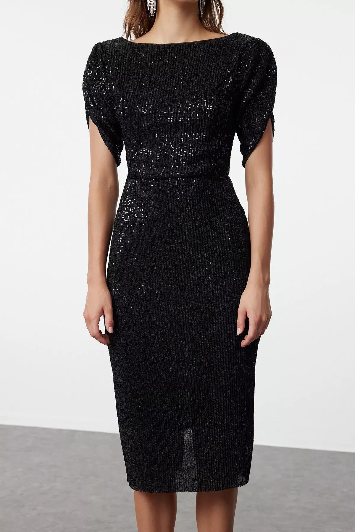 فستان مناسبات مُحاك بالترتر، أسود, BLACK, large image number 3