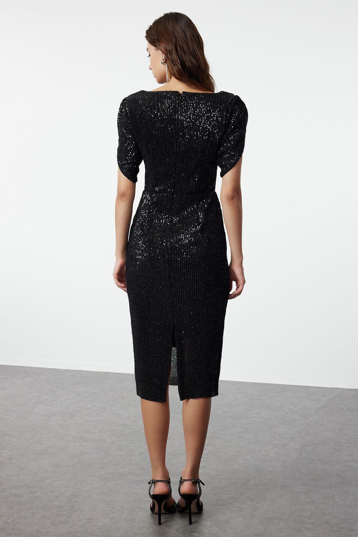 Black Sequined Sheath Midi, , large image number 4