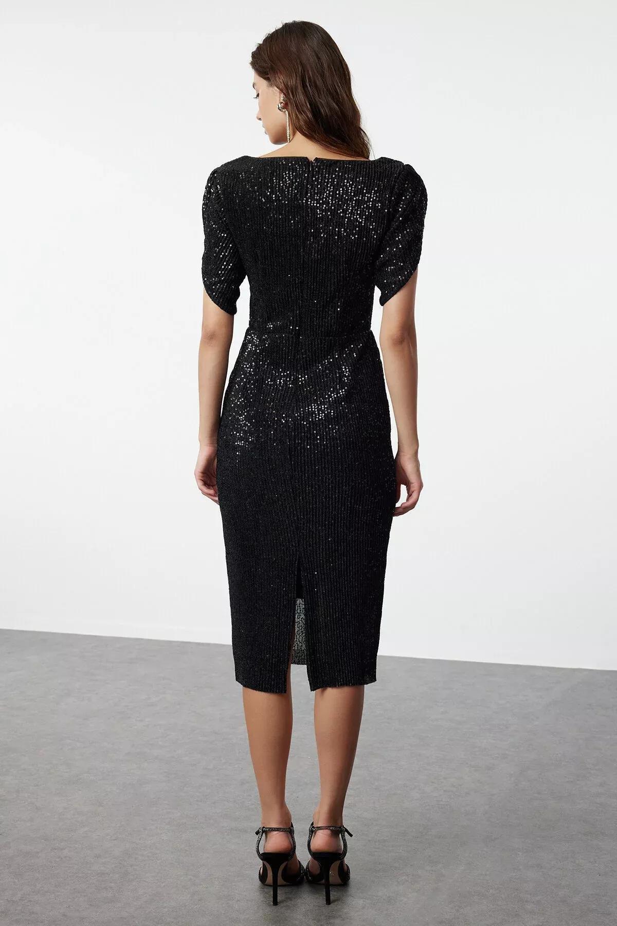 فستان مناسبات مُحاك بالترتر، أسود, BLACK, large image number 4