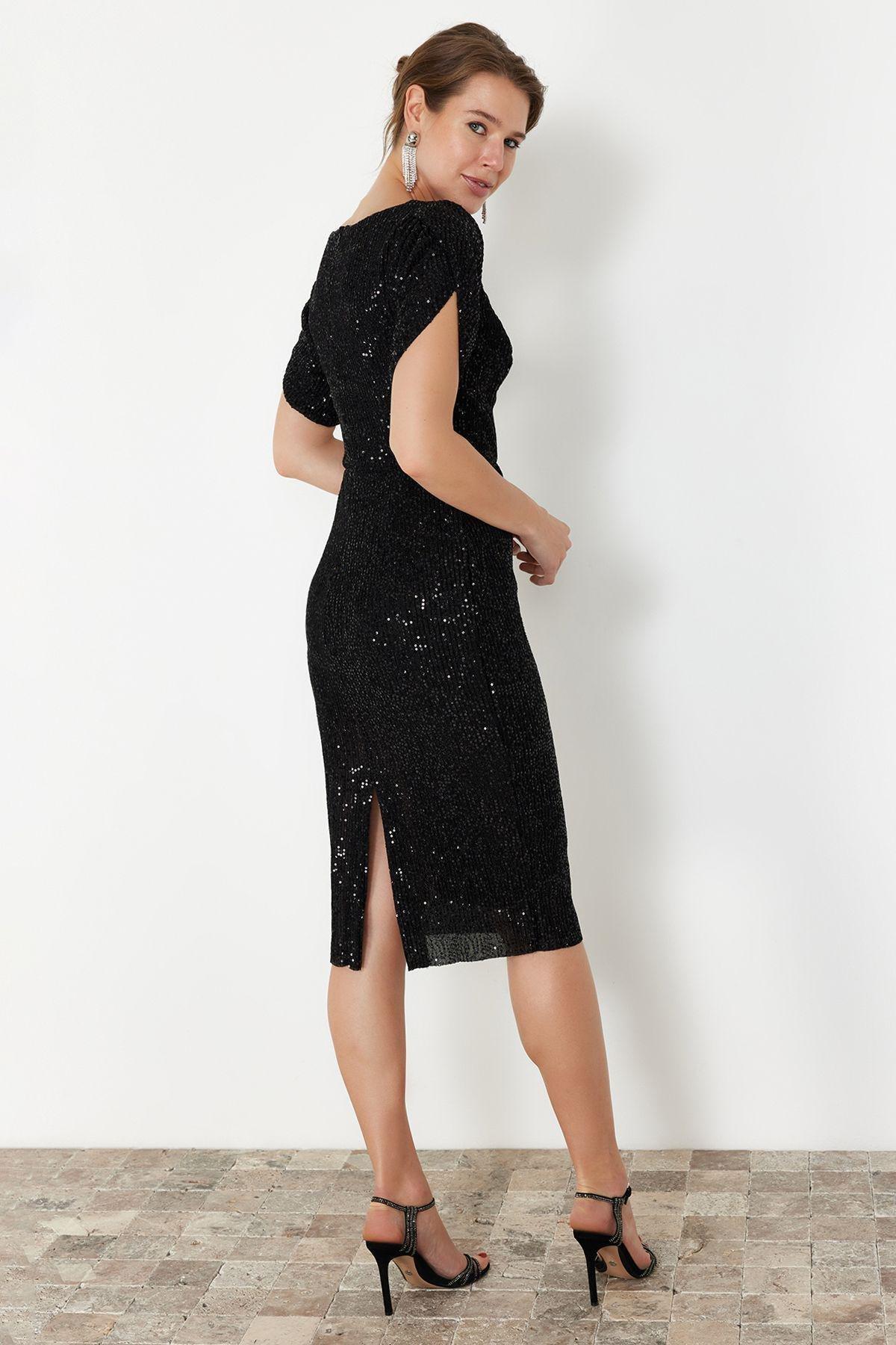 Black Sequined Sheath Midi, , large image number 6