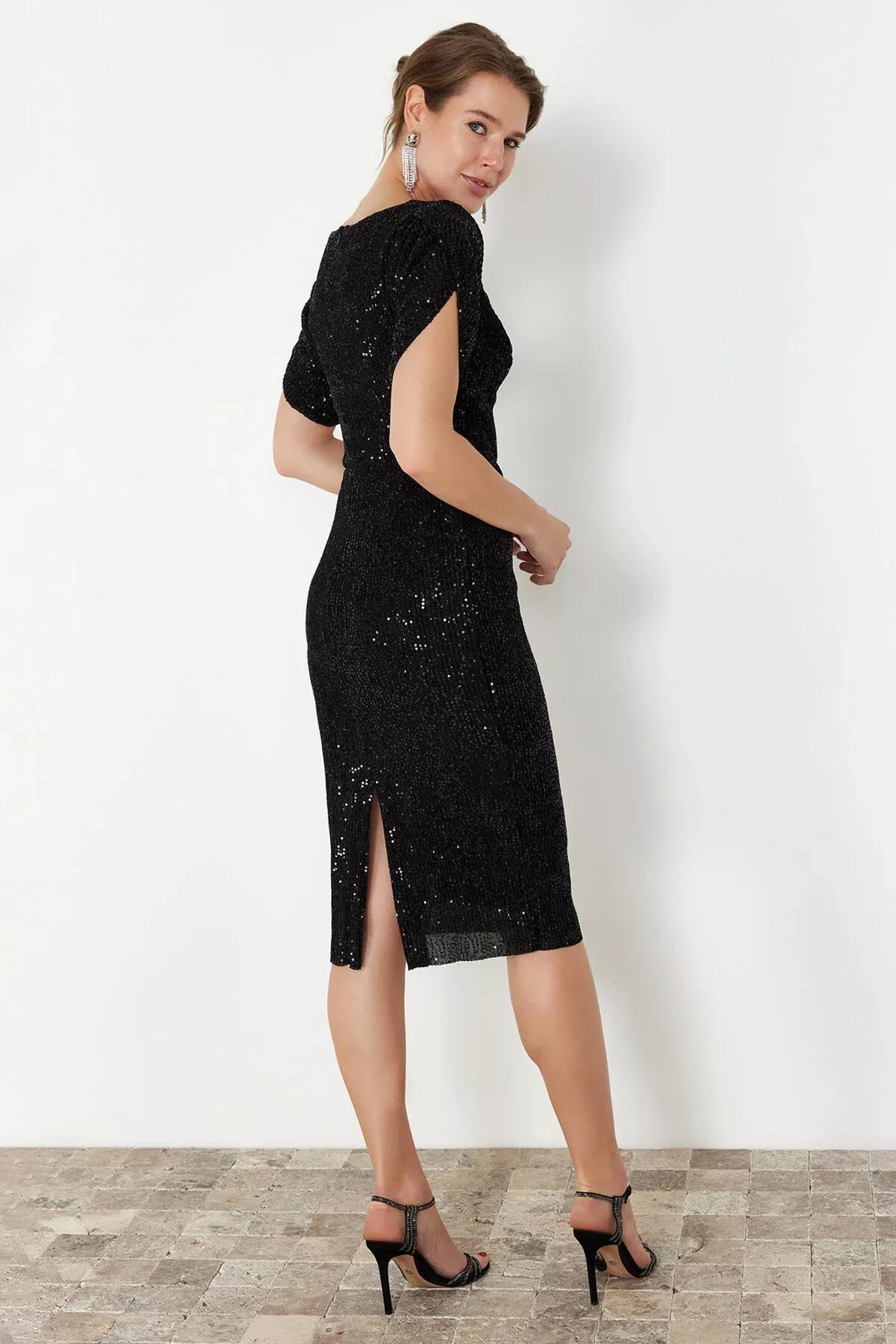 فستان مناسبات مُحاك بالترتر، أسود, BLACK, large image number 6