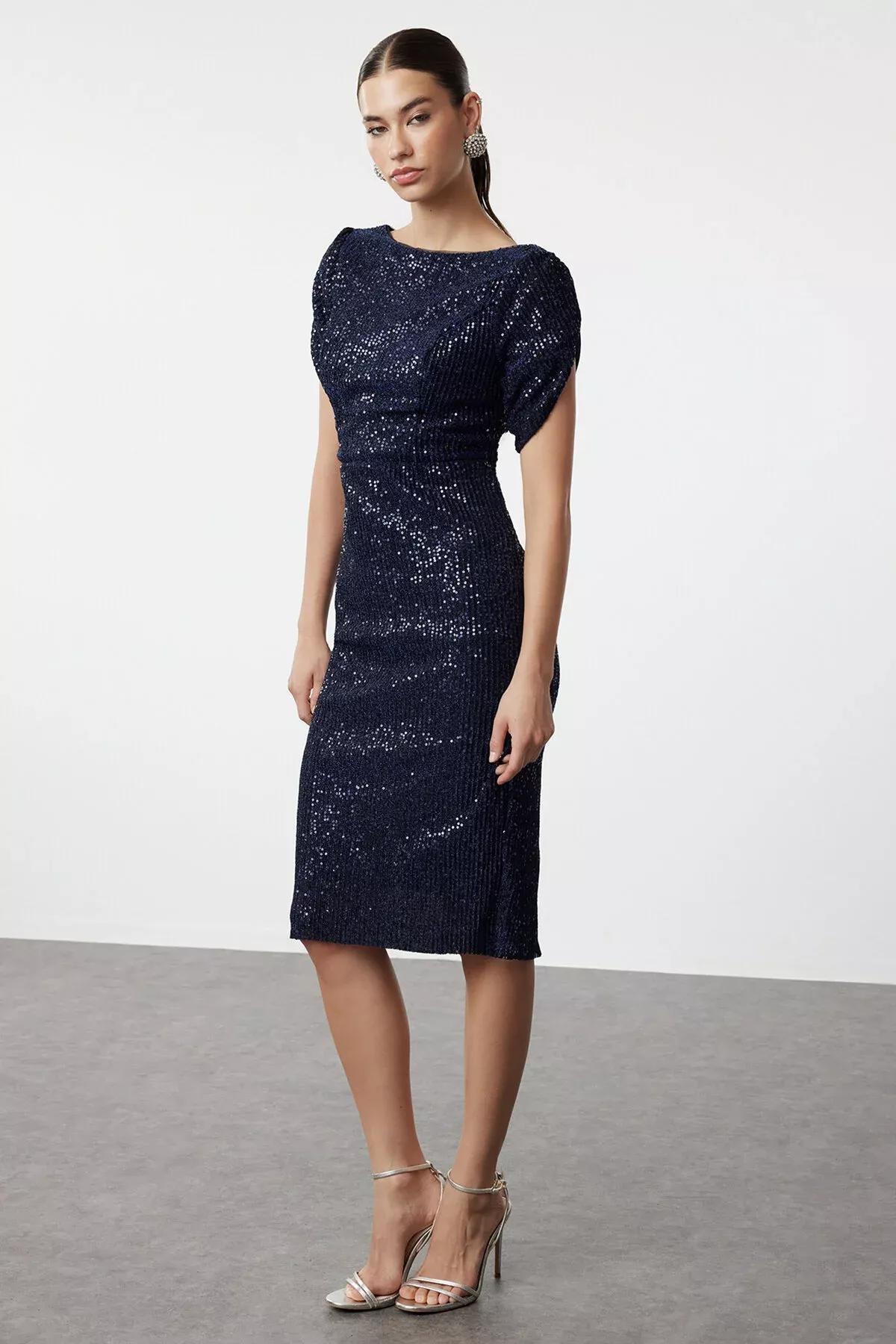Navy Sequined Sheath Midi Dress, Navy blue, large image number 1