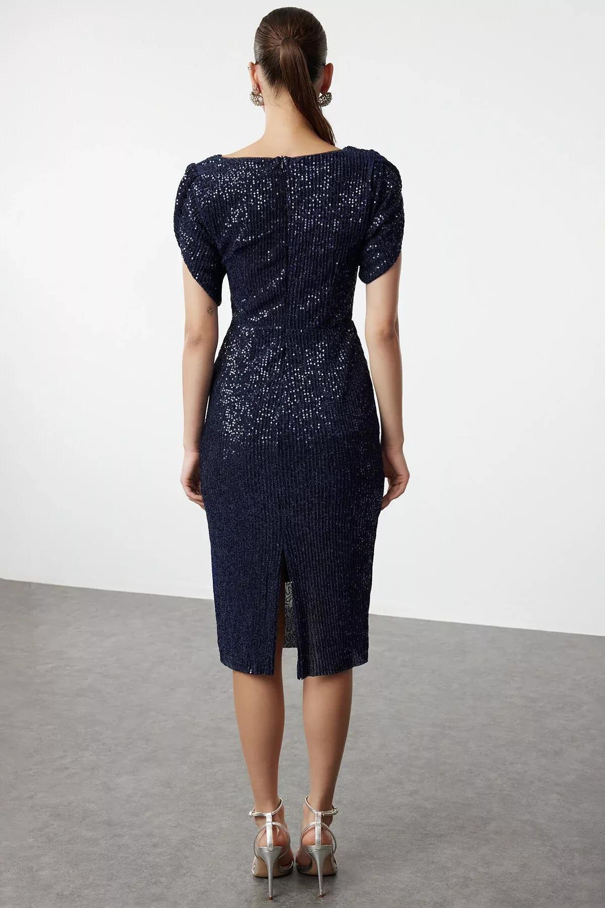 Navy Sequined Sheath Midi Dress, Navy blue, large image number 4