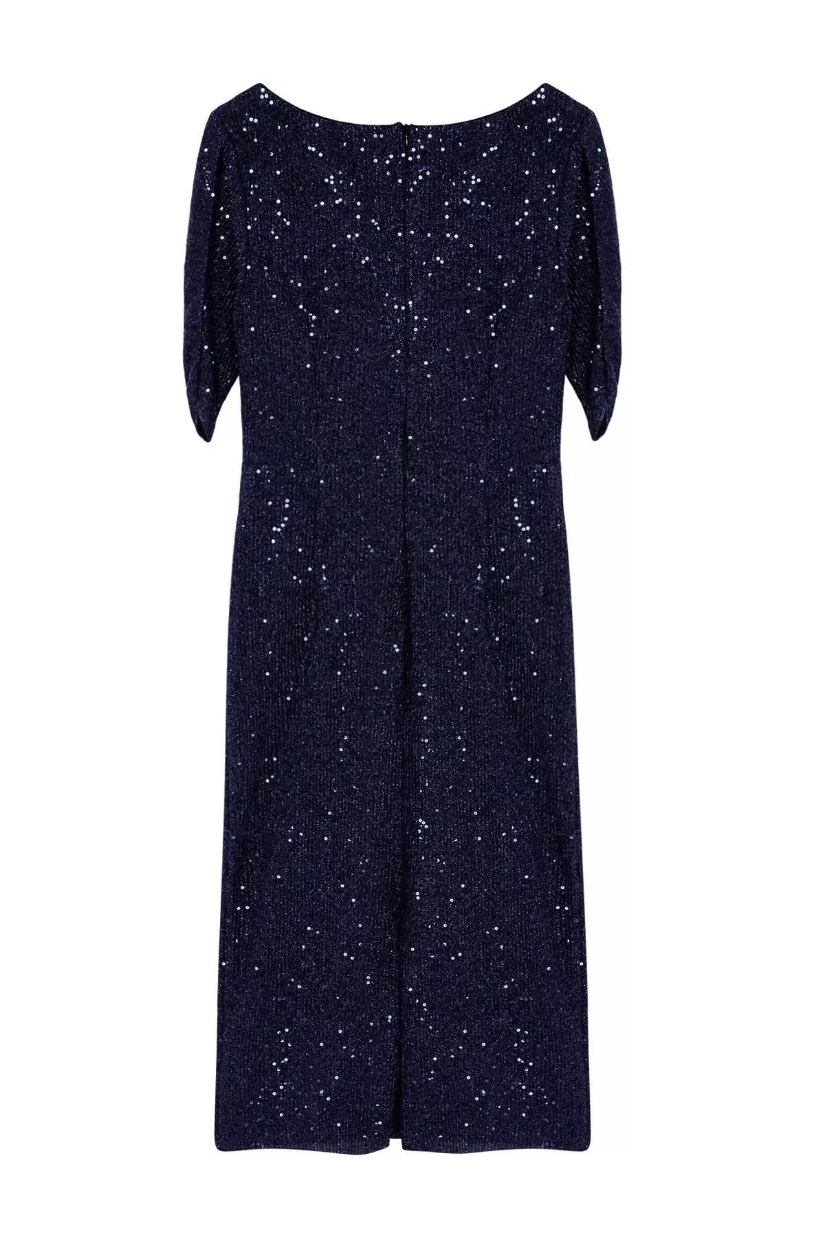 Navy Sequined Sheath Midi Dress, Navy blue, large image number 5