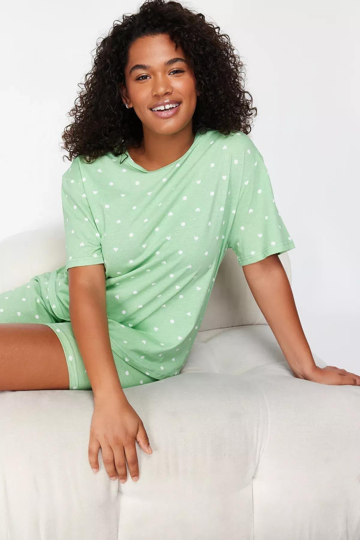 Green Heart Knit Pajamas, Mint, large image number 1