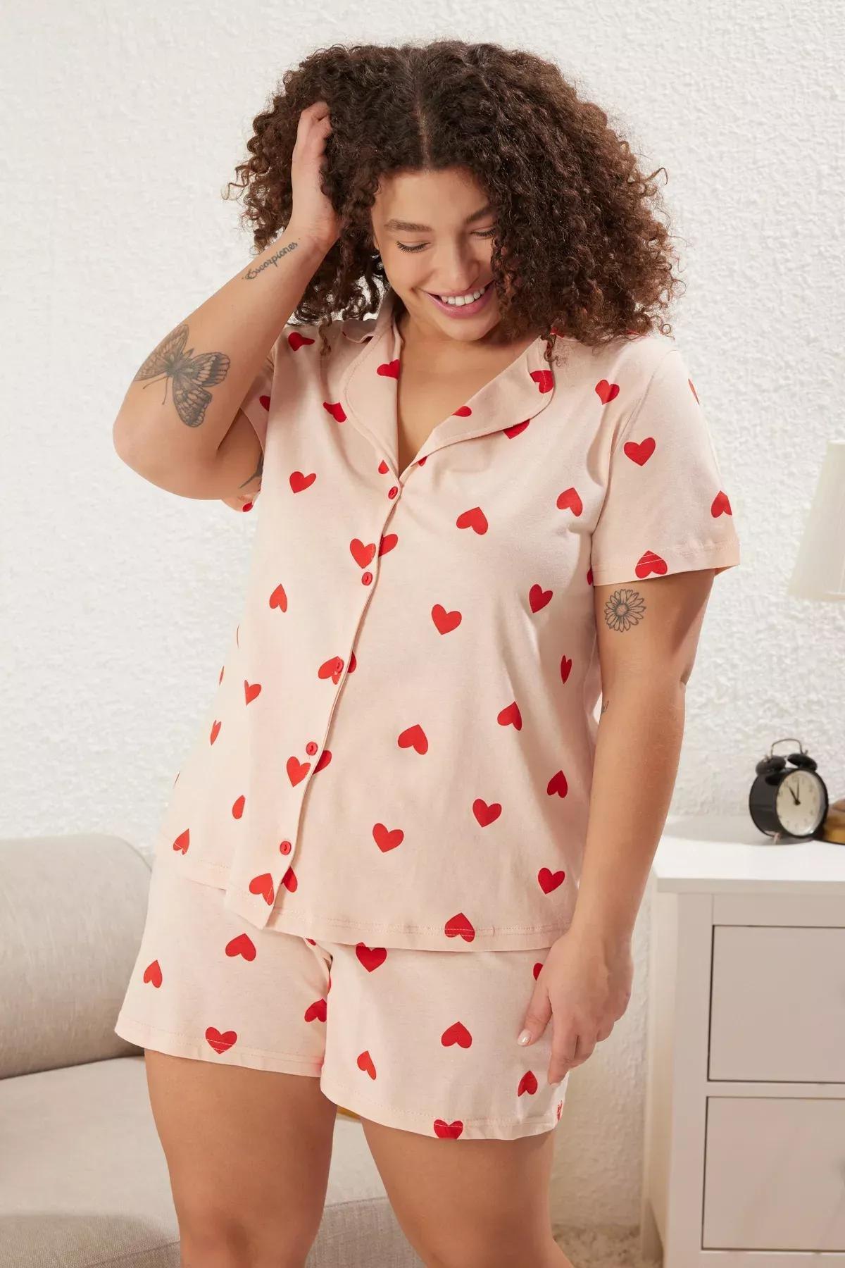 Pink Patterned Shirt Collar Knitted Pyjamas Set, LIGHT PINK, large image number 0