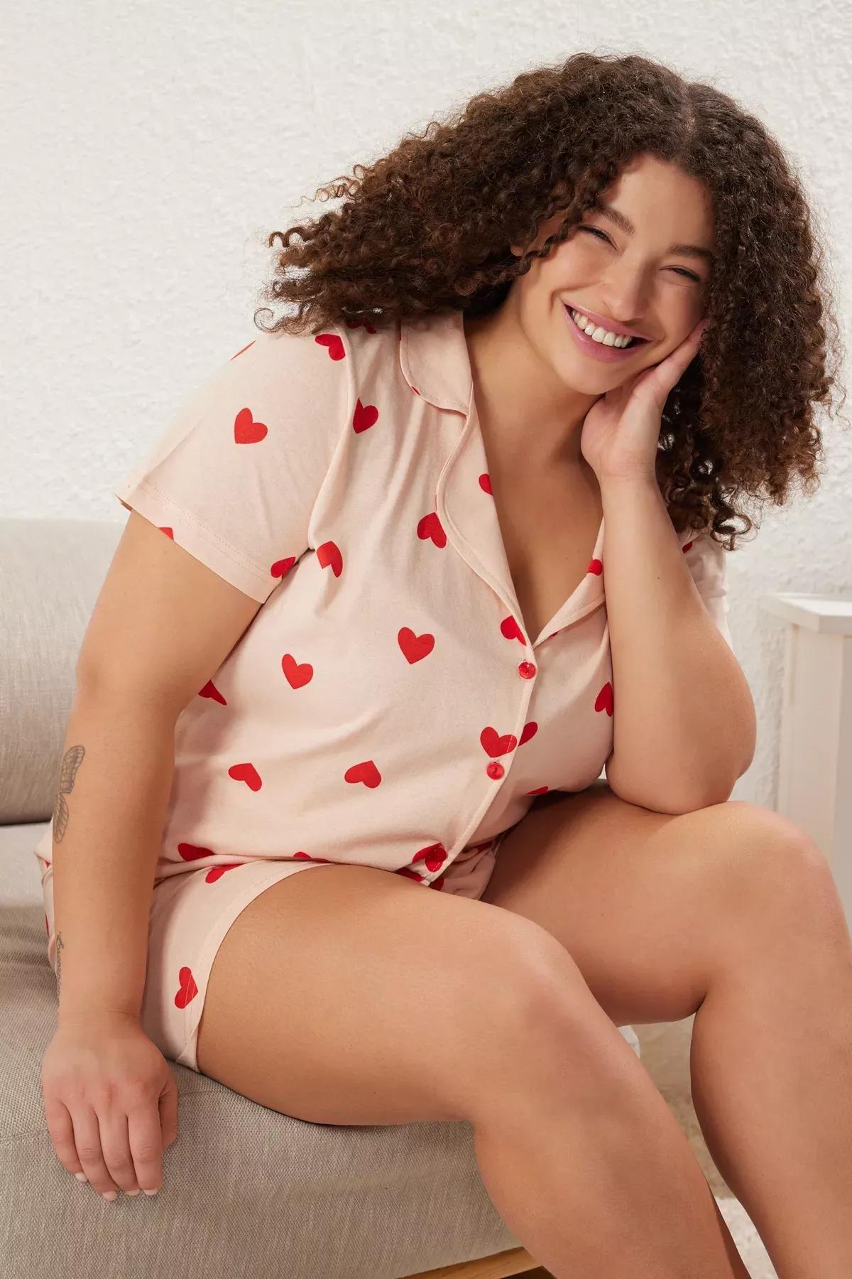 Pink Patterned Shirt Collar Knitted Pyjamas Set, LIGHT PINK, large image number 1