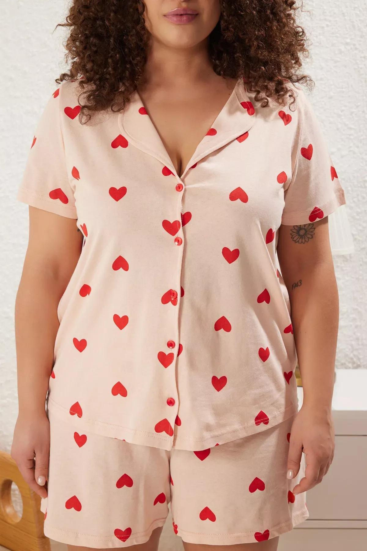 Pink Patterned Shirt Collar Knitted Pyjamas Set, LIGHT PINK, large image number 2