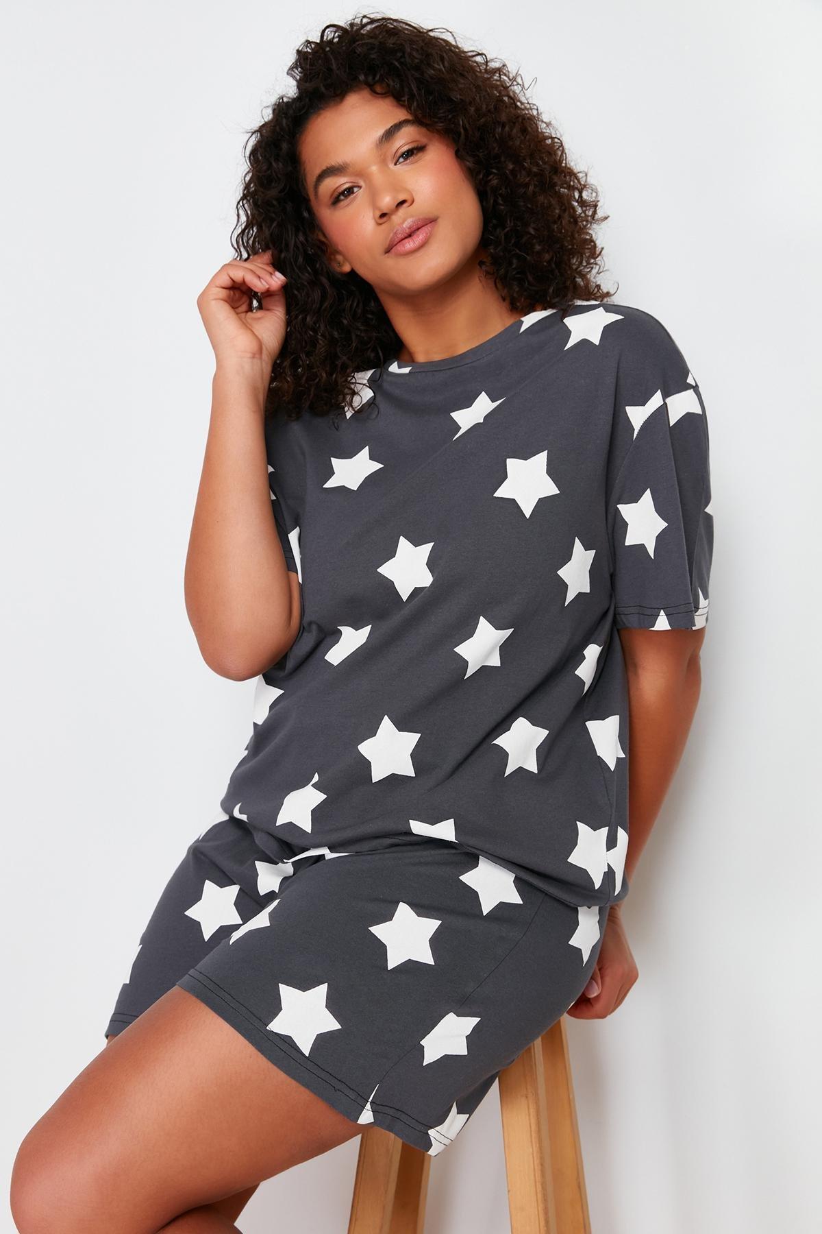 Anthracite Star Printed Knitted Pajamas Set TBBSS24AI00027, , large image number 1