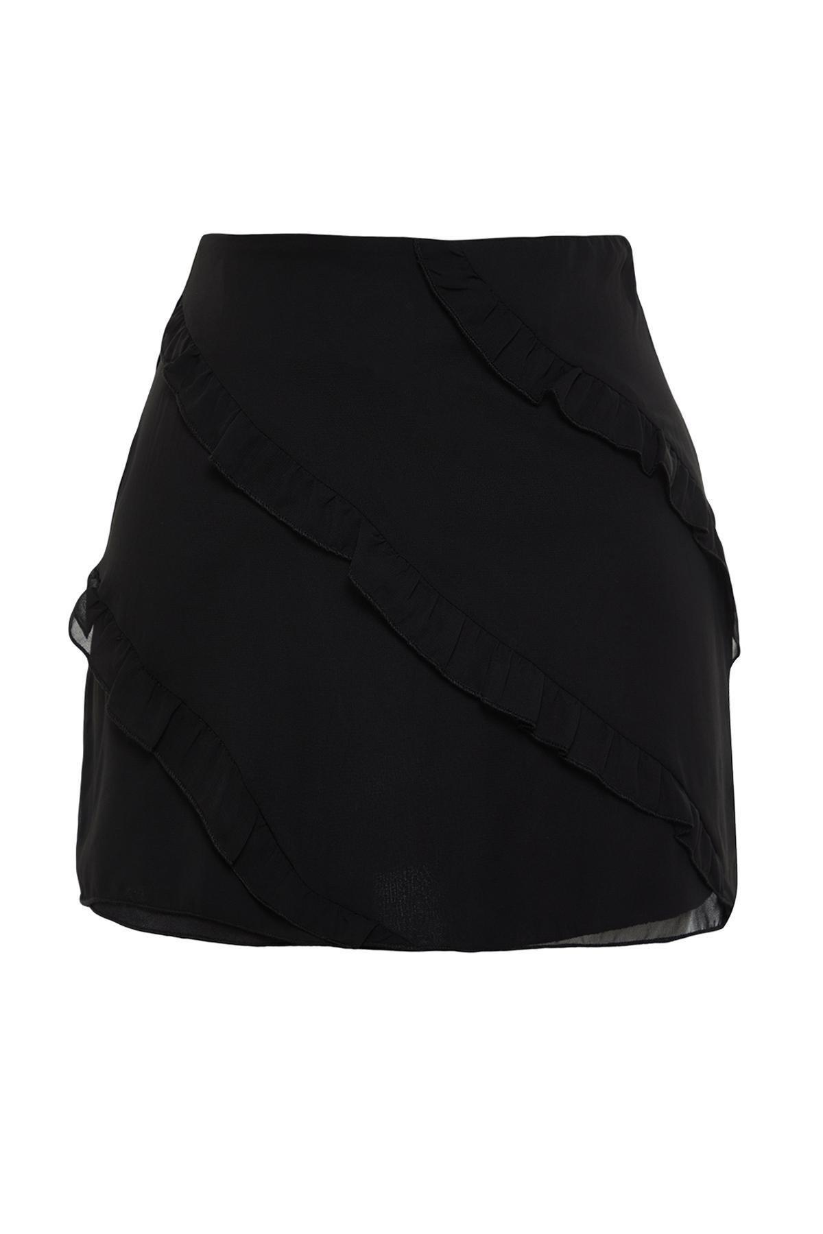 Black Chiffon Fabric Mini Size Woven Skirt, BLACK, large image number 5