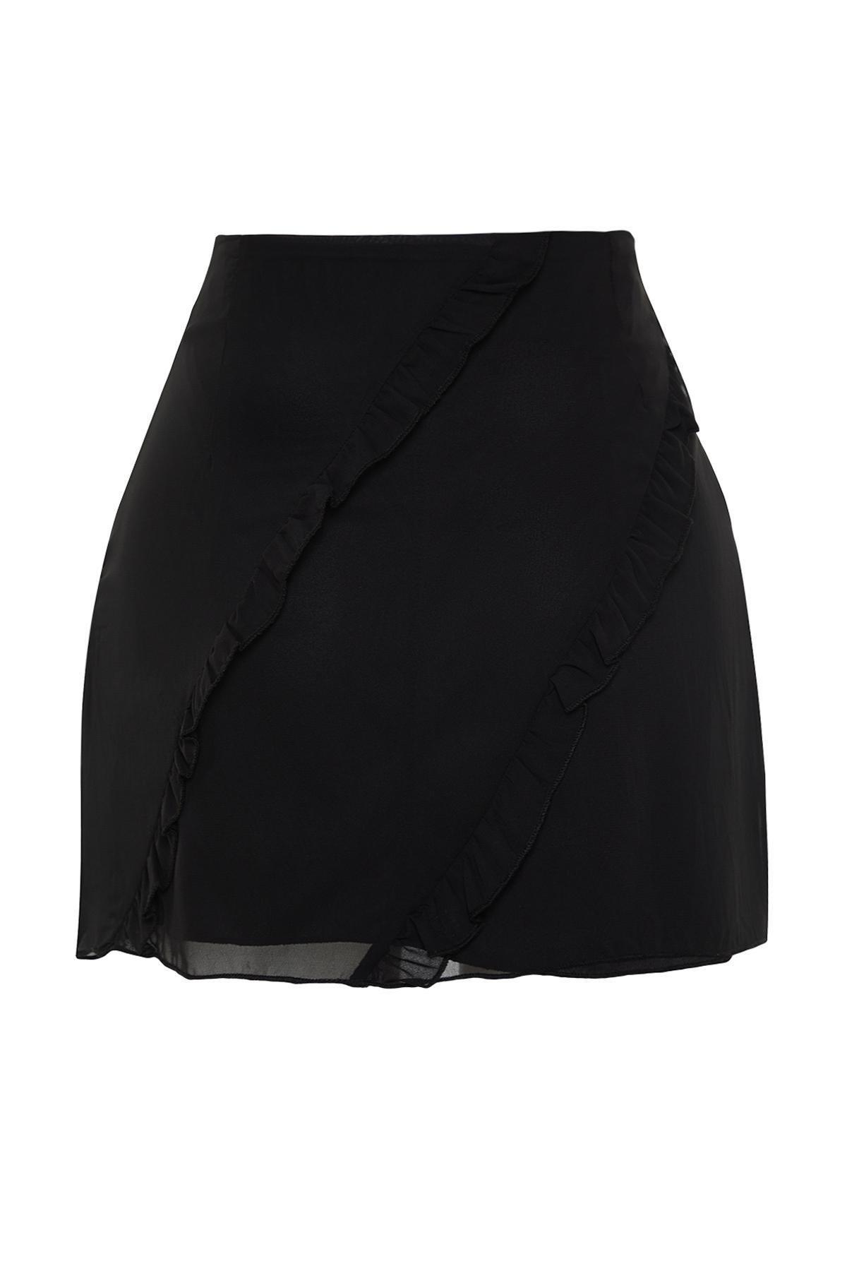 Black Chiffon Fabric Mini Size Woven Skirt, BLACK, large image number 6