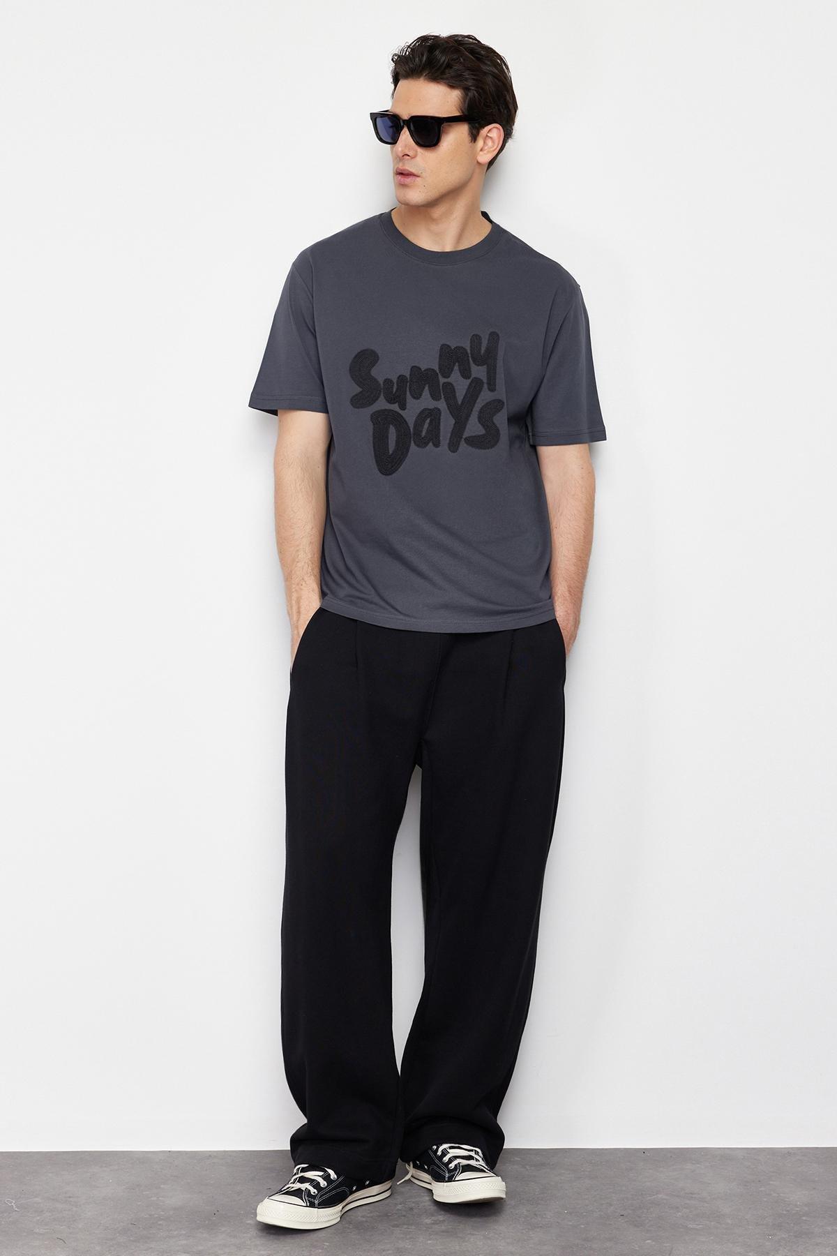 Anthracite Oversize/Wide Cut Text Embroidered 100% Cotton Short Sleeve T-Shirt TMNSS24TS00136, C101_1435, large image number 0