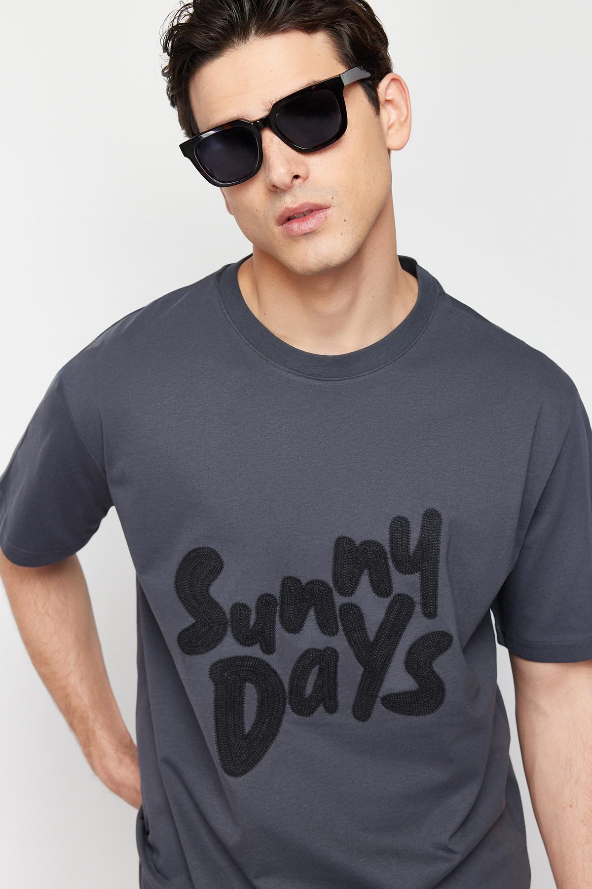 Anthracite Oversize/Wide Cut Text Embroidered 100% Cotton Short Sleeve T-Shirt TMNSS24TS00136, C101_1435, large image number 2
