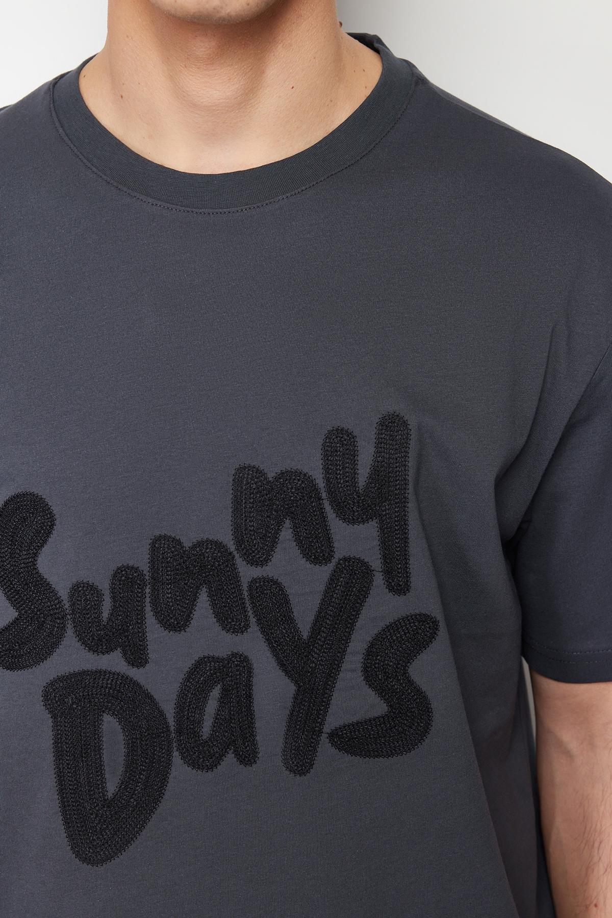 Anthracite Oversize/Wide Cut Text Embroidered 100% Cotton Short Sleeve T-Shirt TMNSS24TS00136, C101_1435, large image number 4