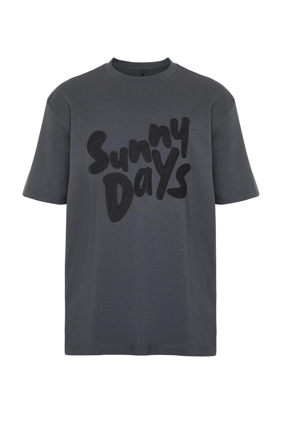 Anthracite Oversize/Wide Cut Text Embroidered 100% Cotton Short Sleeve T-Shirt TMNSS24TS00136, C101_1435, large image number 5