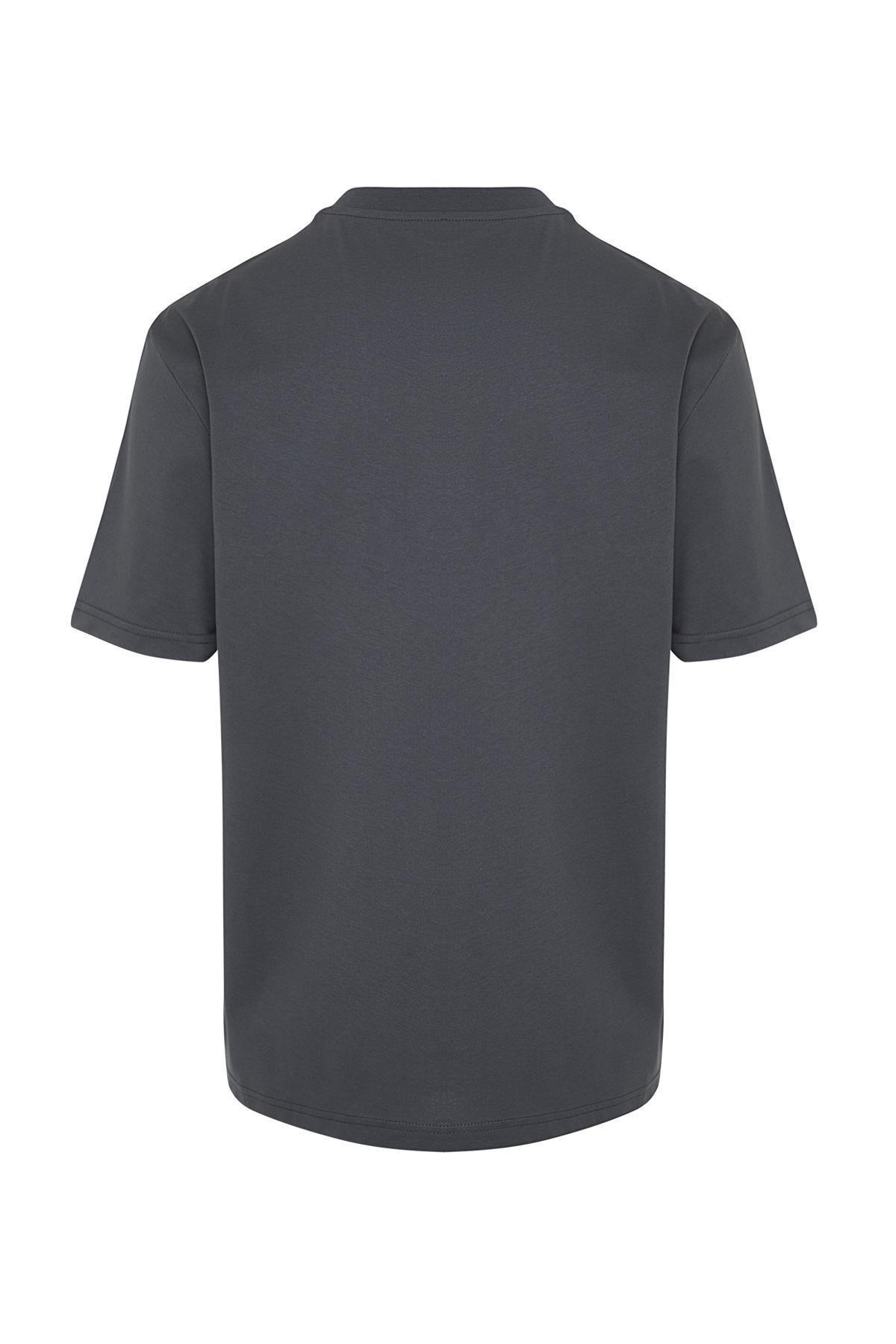 Anthracite Oversize/Wide Cut Text Embroidered 100% Cotton Short Sleeve T-Shirt TMNSS24TS00136, C101_1435, large image number 6