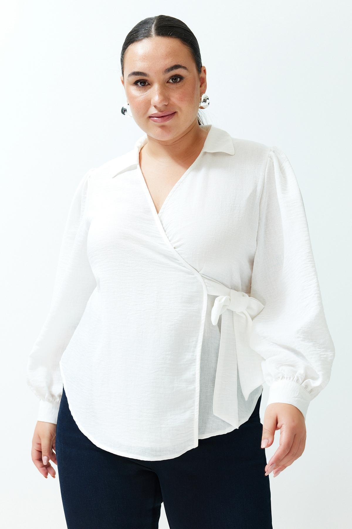 Ecru Polo Neck Double Breasted Closure Woven Blouse TBBSS24AF00043, Ecru, large image number 0