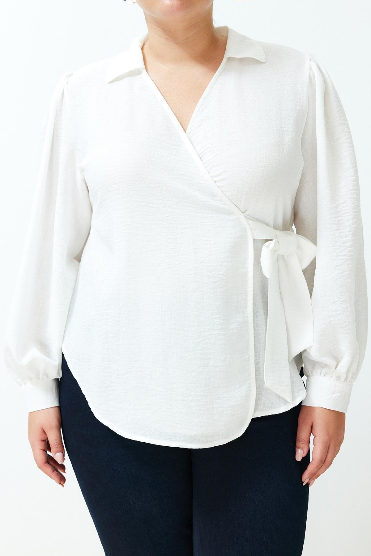 Ecru Polo Neck Double Breasted Closure Woven Blouse TBBSS24AF00043, Ecru, large image number 3