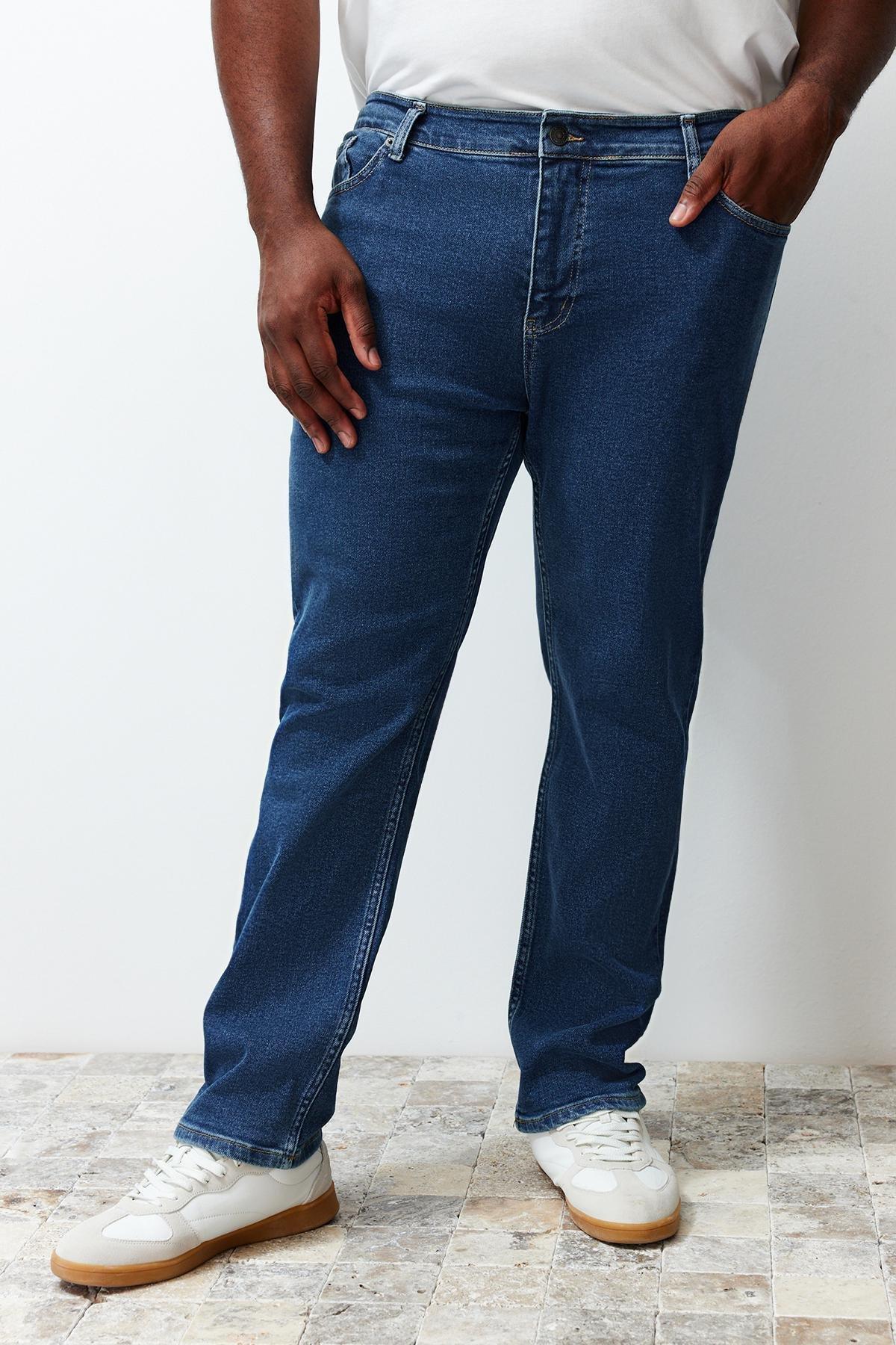 Navy Blue Slim Fit Flexible Fabric Plus Size Jeans Trousers TMNSS24CJ00000, C101_388, large image number 4