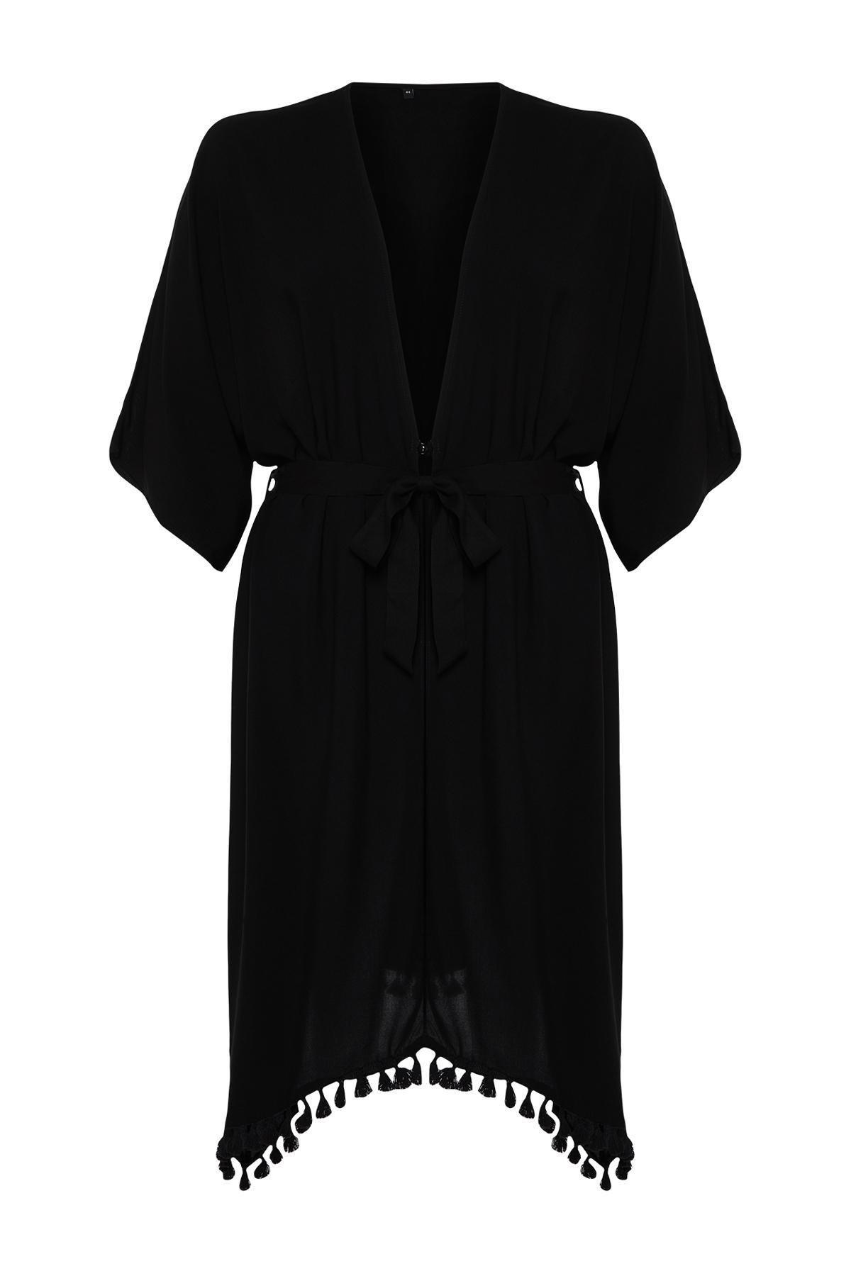 Black Tasseled Viscose Beach Wear Woven Kimono & Kaftan TBBSS24DE00002, , large image number 0