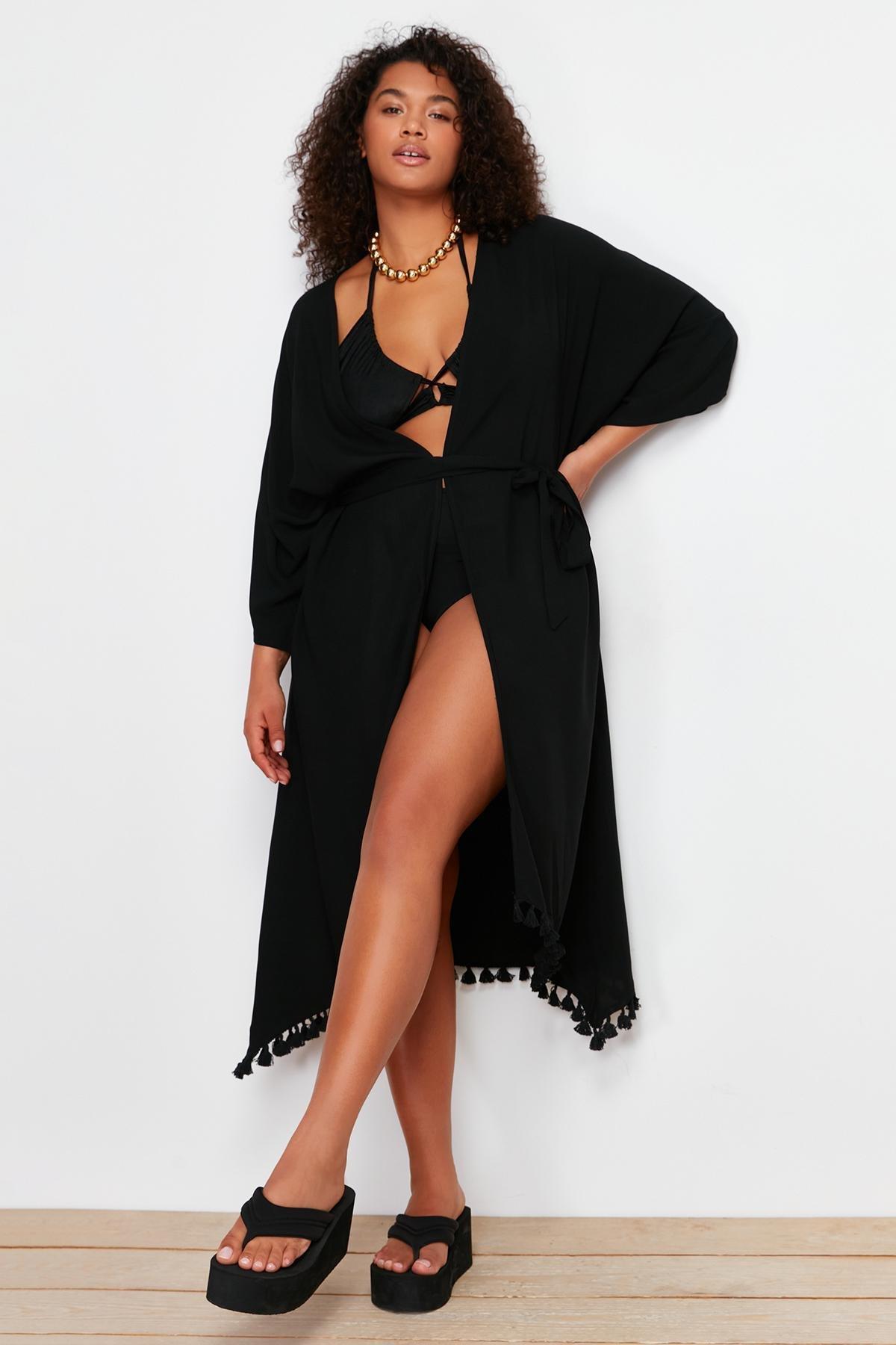 Black Tasseled Viscose Beach Wear Woven Kimono & Kaftan TBBSS24DE00002, , large image number 1