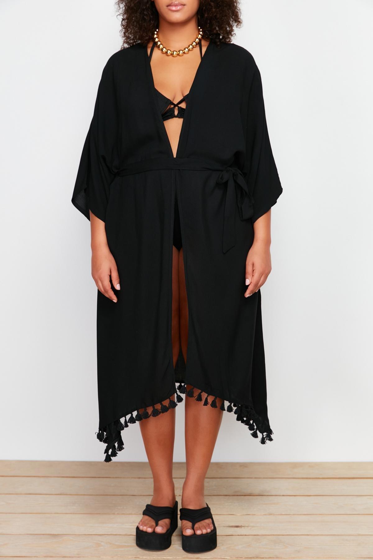 Black Tasseled Viscose Beach Wear Woven Kimono & Kaftan TBBSS24DE00002, , large image number 2
