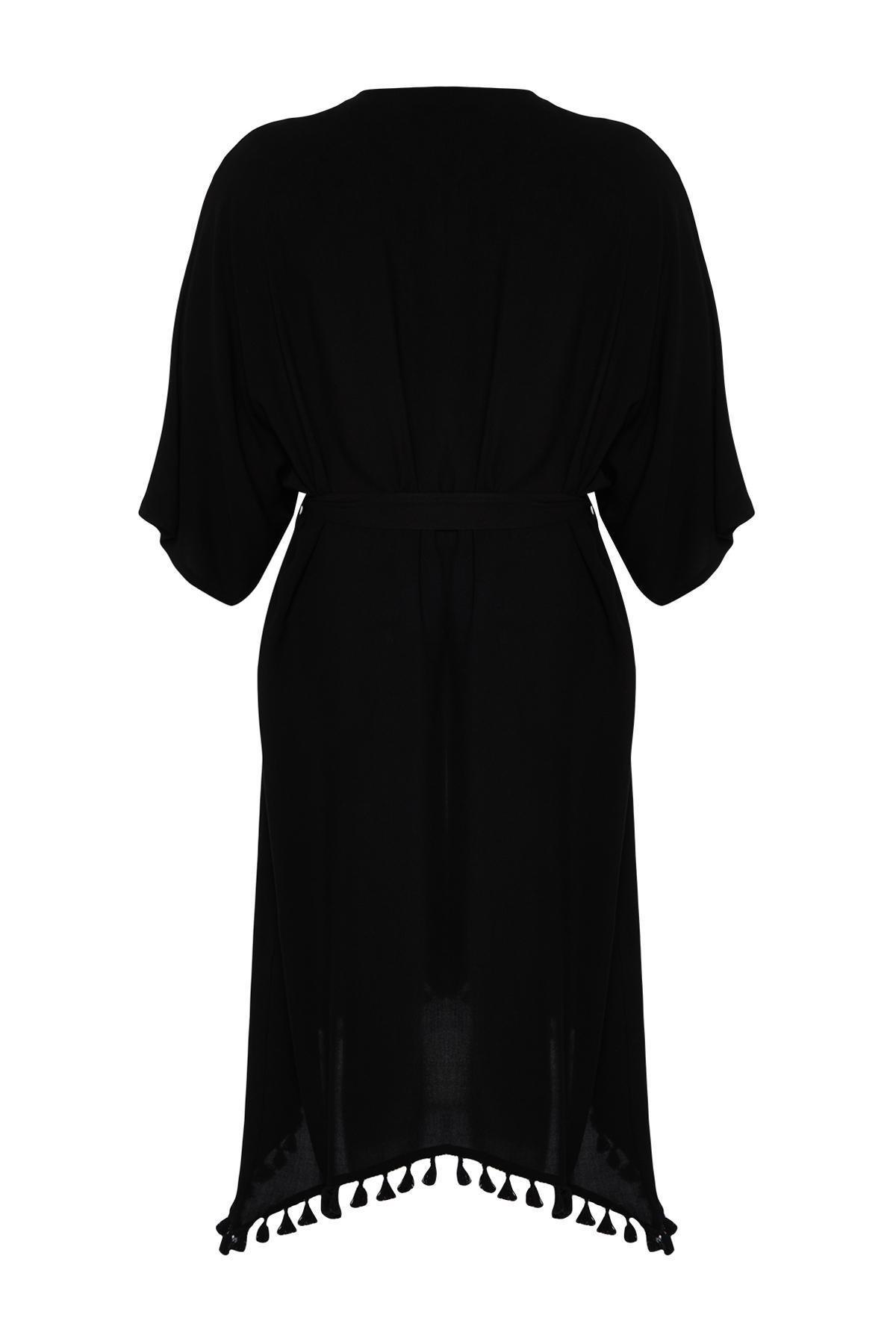 Black Tasseled Viscose Beach Wear Woven Kimono & Kaftan TBBSS24DE00002, , large image number 5