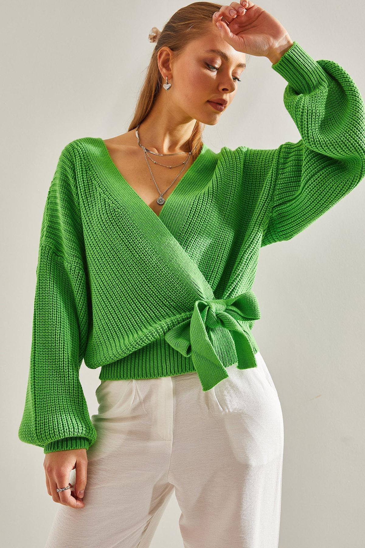 Green Balloon Sleeve Knitwear Cardigan, Green, large image number 0