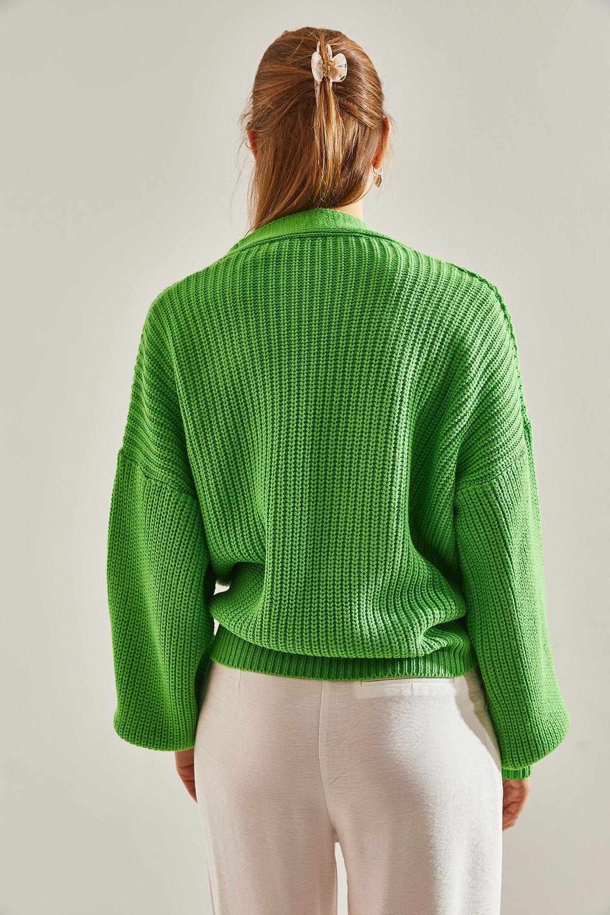 Green Balloon Sleeve Knitwear Cardigan, Green, large image number 1