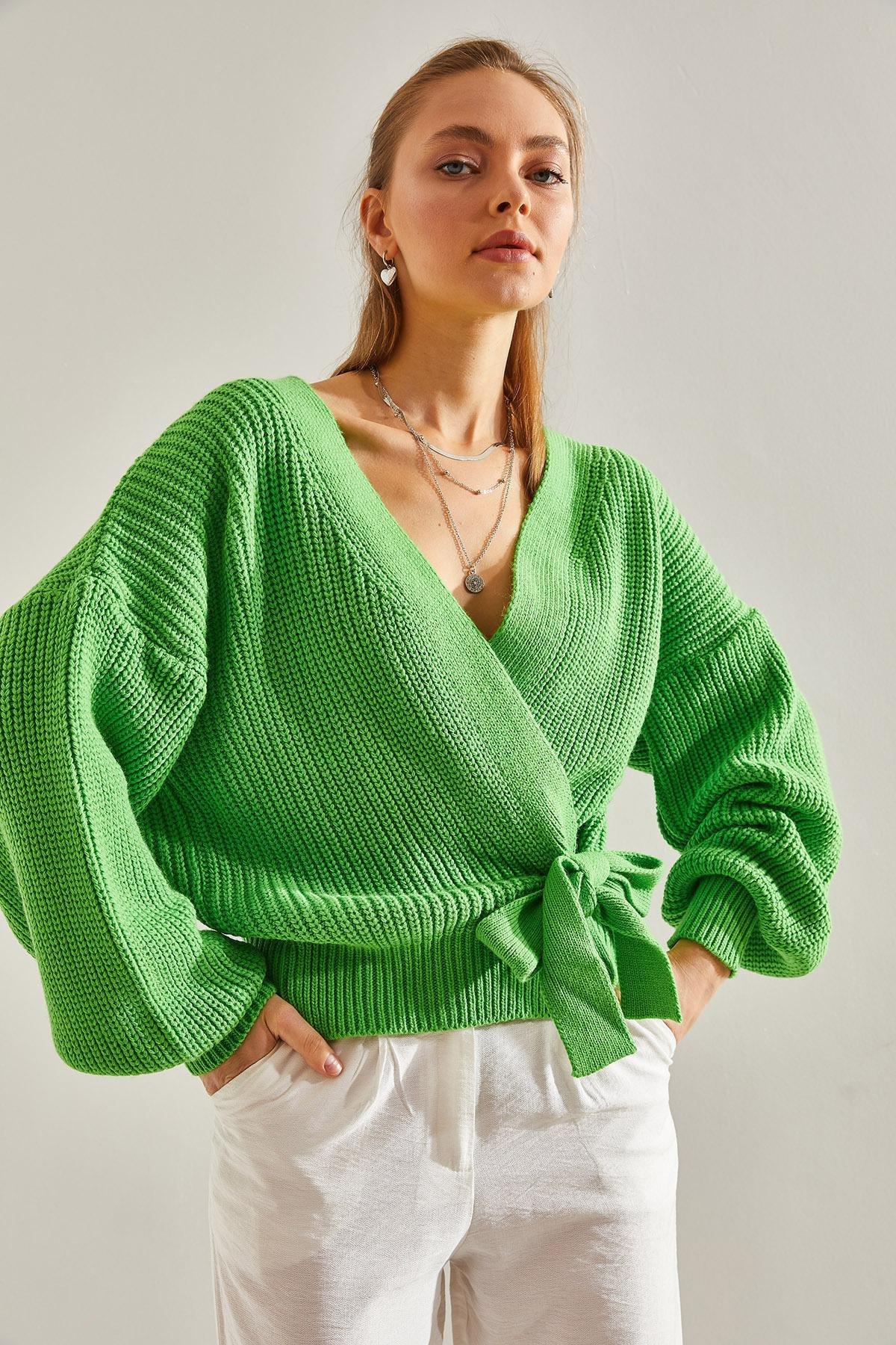 Green Balloon Sleeve Knitwear Cardigan, Green, large image number 2