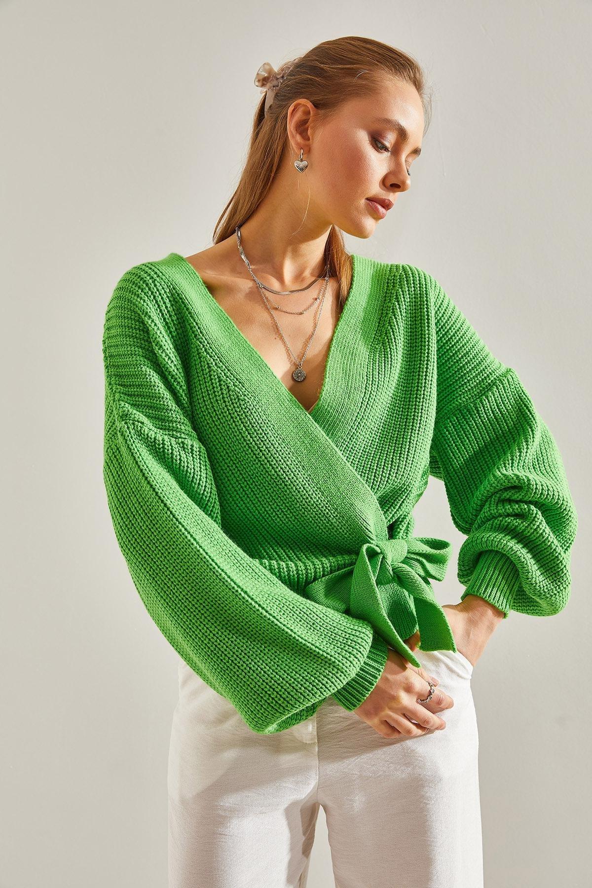 Green Balloon Sleeve Knitwear Cardigan, Green, large image number 3