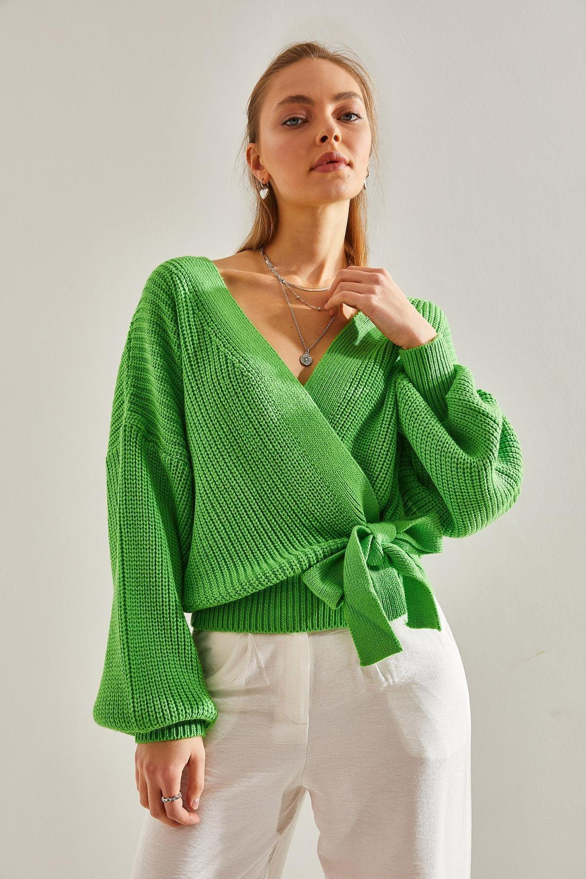 Green Balloon Sleeve Knitwear Cardigan, Green, large image number 5